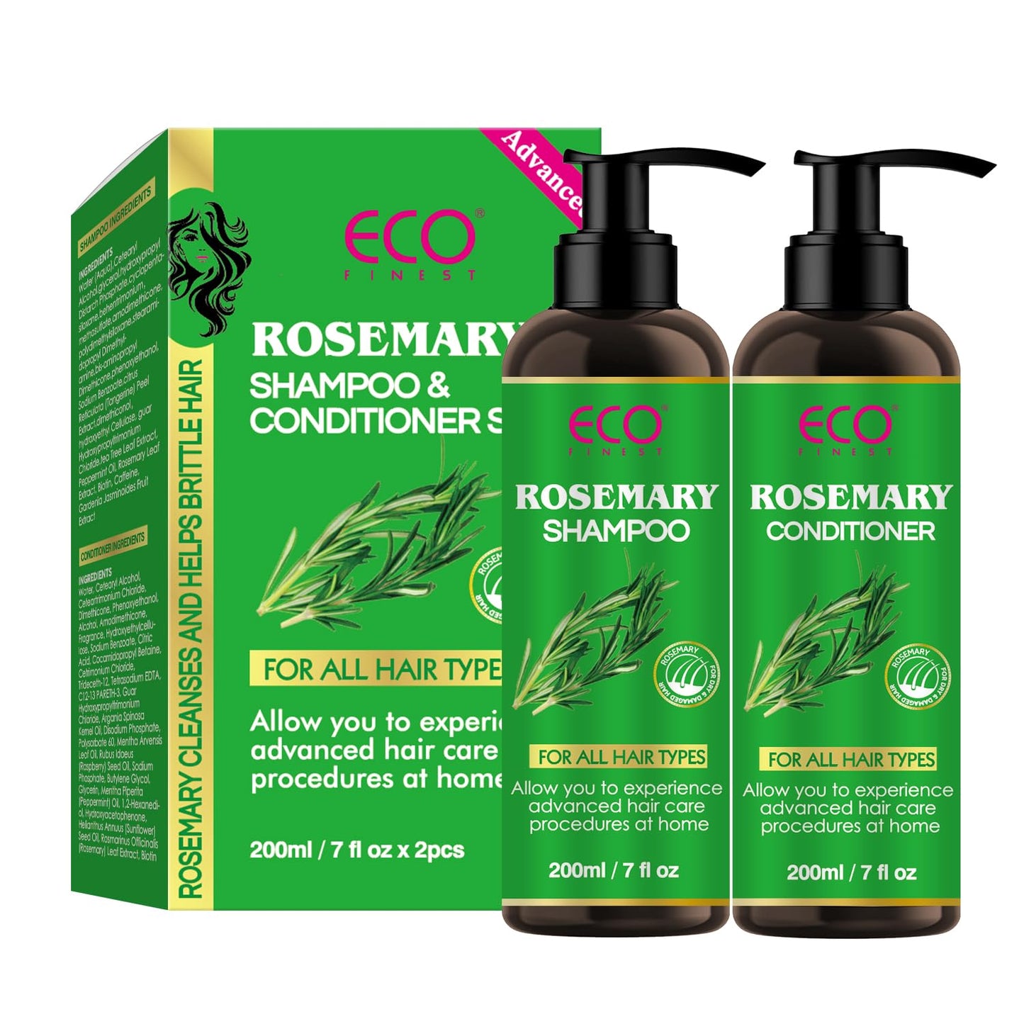 Rosemary Hair Growth Shampoo & Conditioner Set: Infused with Tea Tree Oil Mint Biotin - Cleanses and Helps Strengthen Weak and Brittle Hair - Promotes