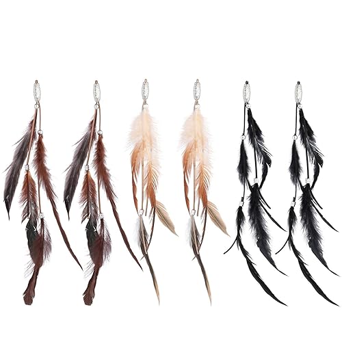 RONRONS 6 Pack Handmade Boho Hippie Hair Extensions with Feather Clip Comb Headdress DIY Accessories for Women (Brown, Black, Khaki)