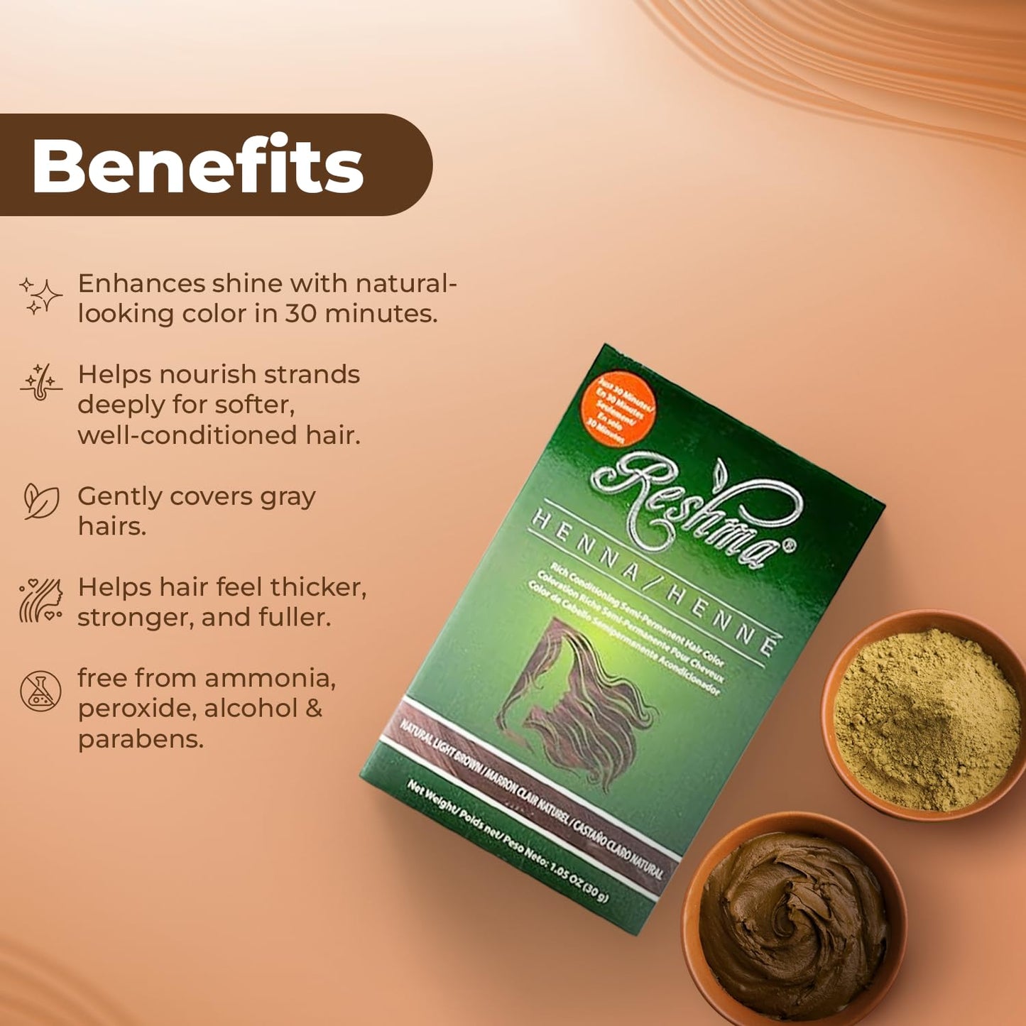 Reshma Beauty 30 Minute Henna Hair Color Infused with Plant-Based Lawsonia Inermis 100% Gray Coverage for Soft, Shiny Hair, Hair Dye-1.05 oz, Pack