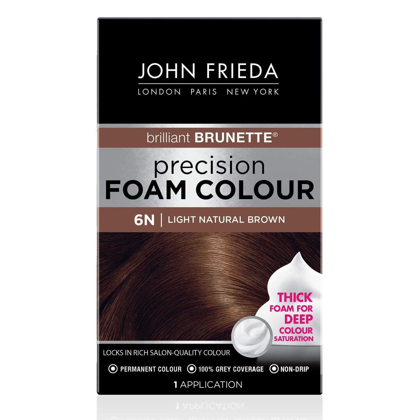 John Frieda Precision Foam Colour, Light Natural Brown 6N, Full-Coverage Hair Color Kit, Anti-Fade Gray Coverage, Deep Color Saturation Hair Dye, 1