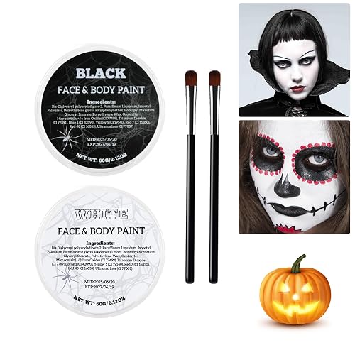 Js2U ZW White Black Oil Face Body Paint Set, Halloween Skeleton Makeup Kit with 2 Brushes, Professional Black and White Face Painting Kit