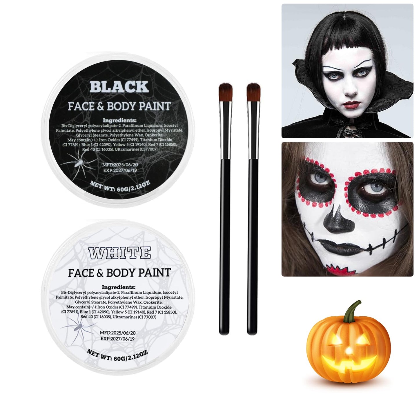 Js2U ZW White Black Oil Face Body Paint Set, Halloween Skeleton Makeup Kit with 2 Brushes, Professional Black and White Face Painting Kit