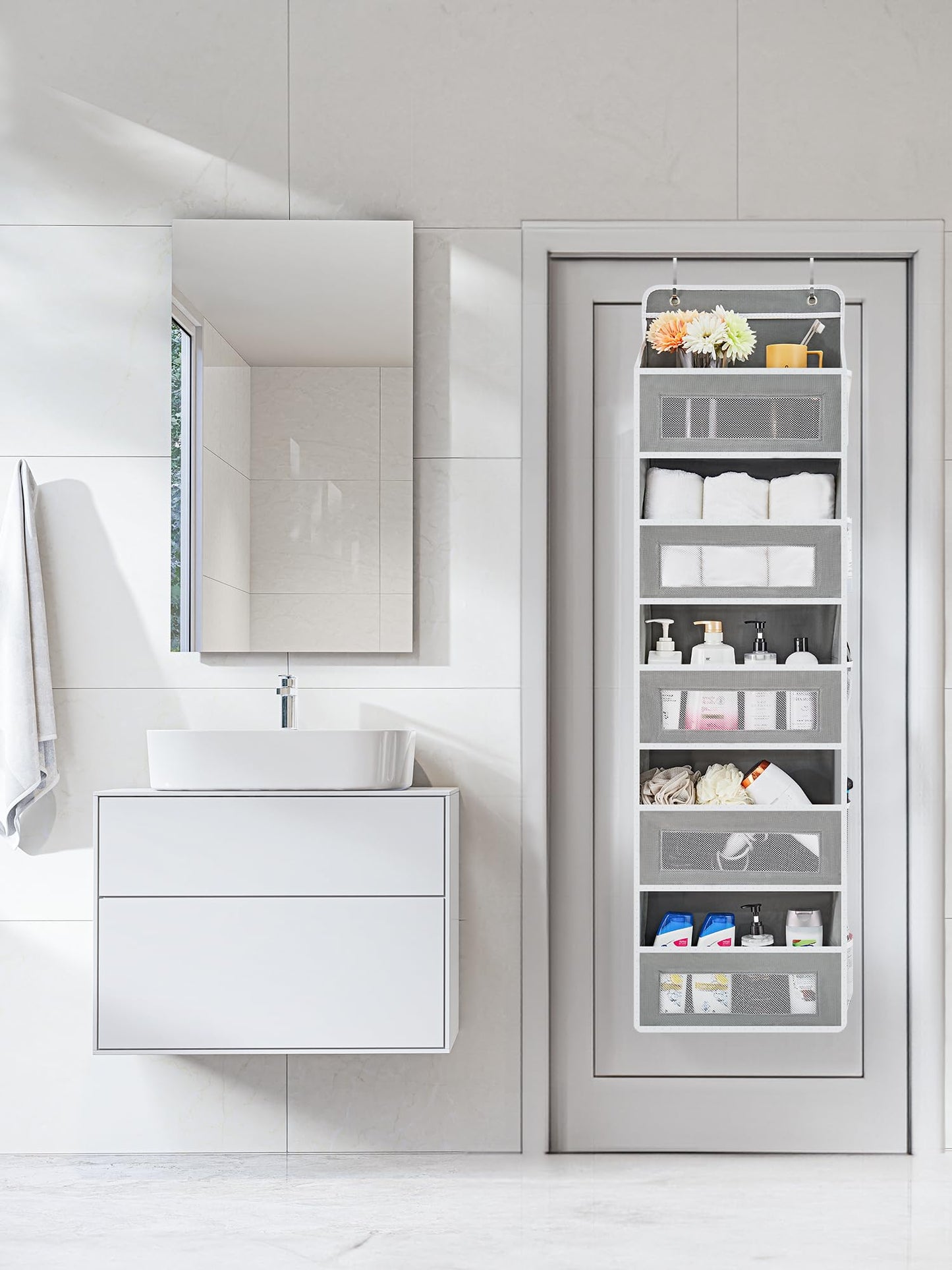 JARLINK Over the Door Organizer – 5-Shelf Hanging Storage with Large Pockets, 44lb Capacity – for Bedroom, Bathroom, Pantry – Grey