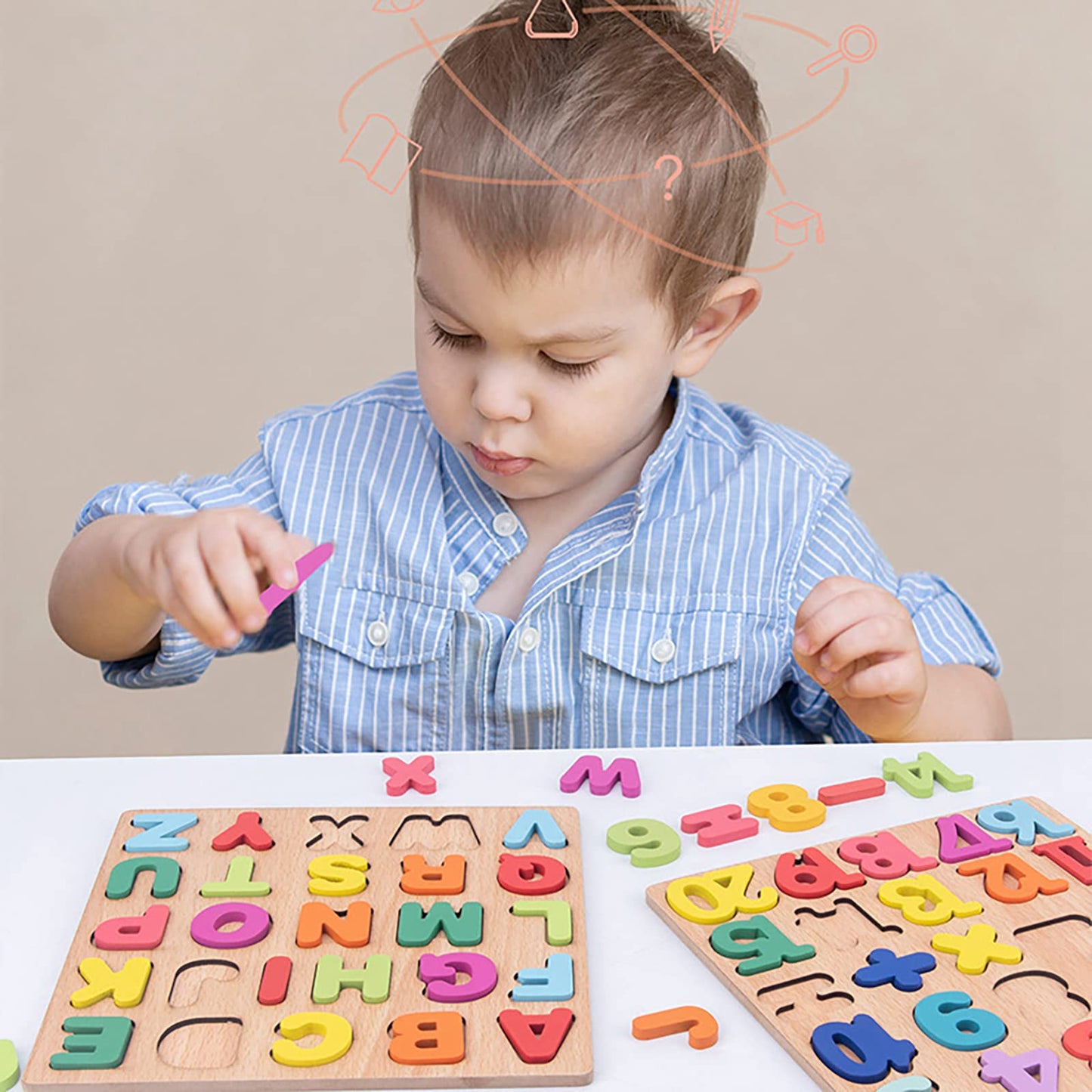 Wooden Puzzles for Toddlers – 3 Pack Alphabet, Number & Shape Montessori Puzzles for Kids Ages 3+ Boys & Girls