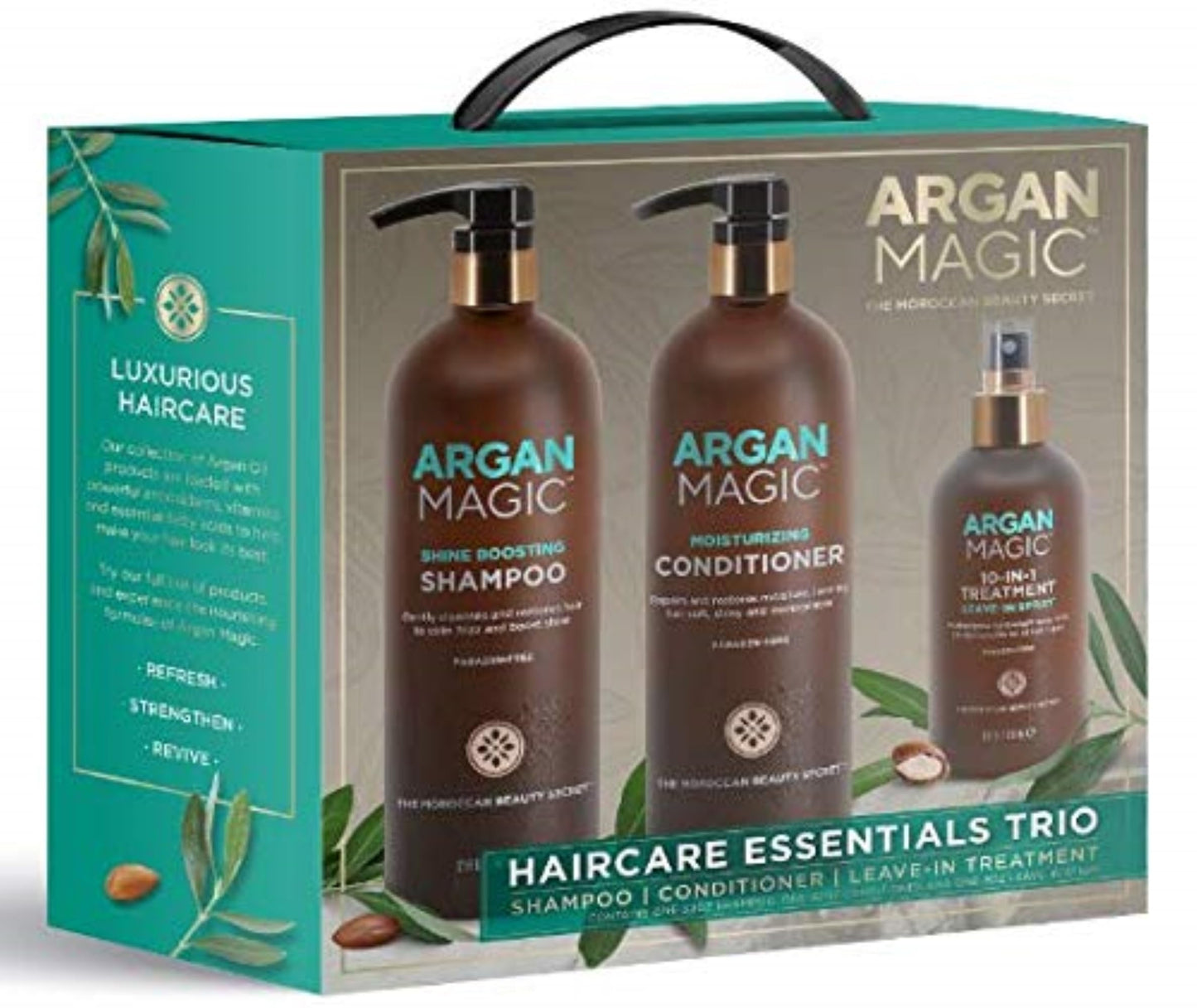 ARGAN MAGIC Hair Care Essentials Trio - Shine Boosting Shampoo | Moisturizing Conditioner | 10 in 1 Leave in Spray | Restores Shine & Elasticity |