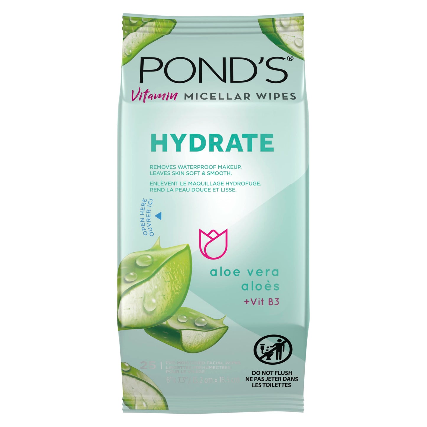 POND’S Micellar Makeup Remover Wipes, Removes Waterproof Mascara, with Aloe Vera & Vitamin B3, Alcohol-Free Facial Cleansing Wipes for Dry Skin, 25