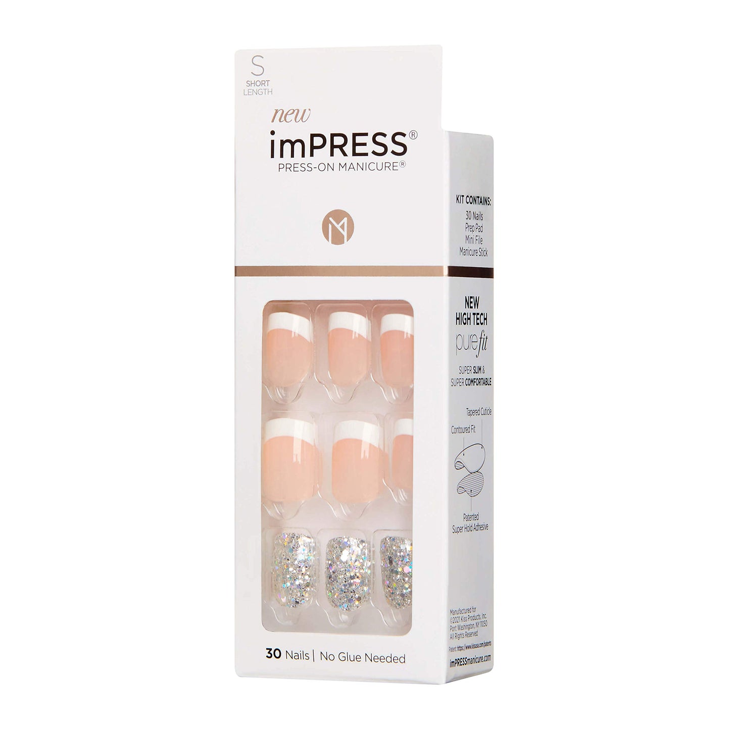KISS imPRESS Press-On Manicure, Nail Kit, PureFit Technology, Short Press-On Nails, 'Time Slip', Includes Prep Pad, Mini Nail File, Cuticle Stick,