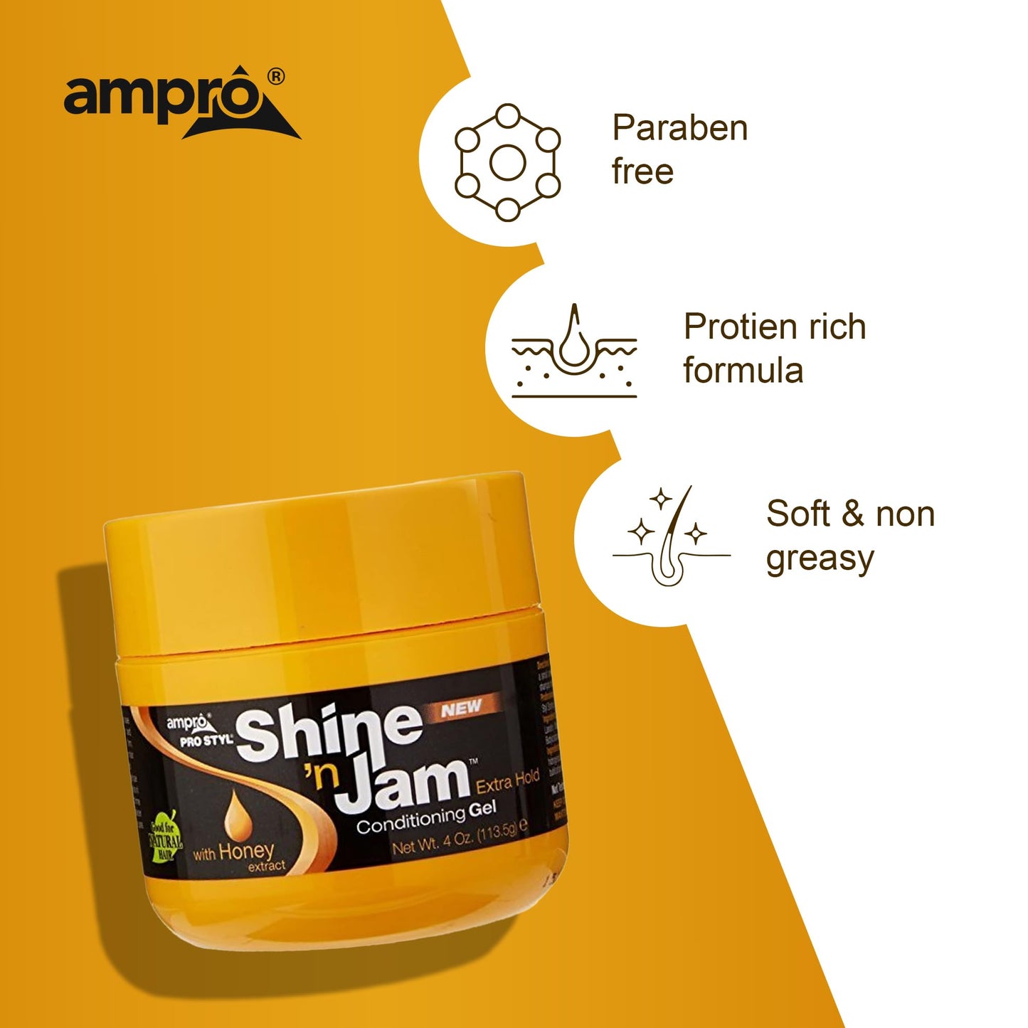 Ampro Shine-n-Jam Maximum Hold - Infused with Honey Extract to Strengthen Hair - Great for Taming Fringe, Ponytails, Soft Weaves, and Braids - Keeps