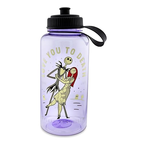 Disney The Nightmare Before Christmas Love You To Death Plastic Water Bottle With Spill-Resistant Sports Cap Lid | Holds 34 Ounces