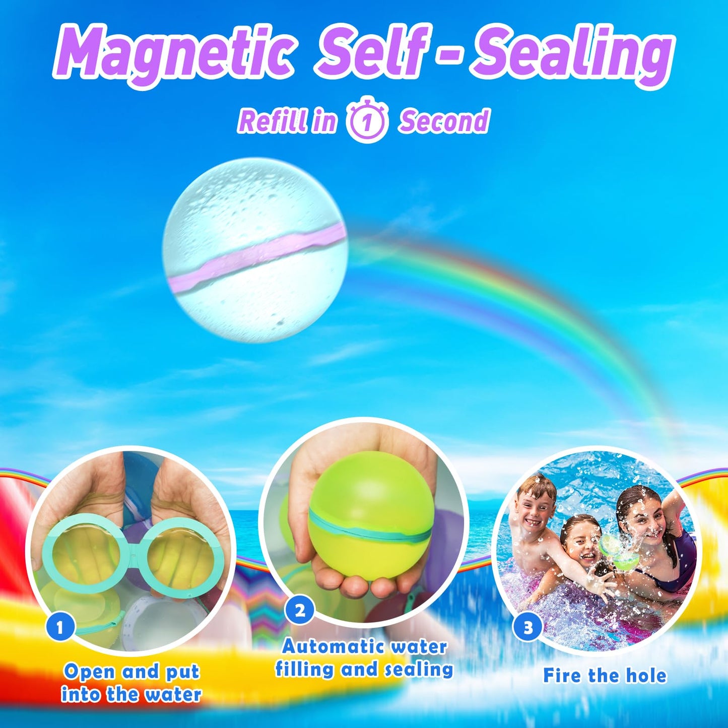 【6 Pack】Magnetic Reusable Water Balloons Fast Refillable for Kids Outdoor Activities, latex-free Kids Pool Beach Bath Toys, Self-Sealing Water Bomb…