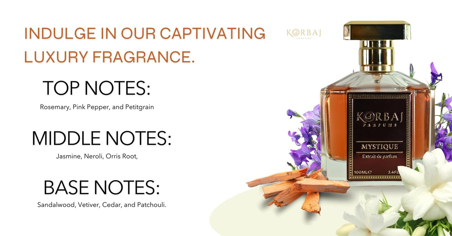 KORBAJ PARFUMS Mystique - Arabian Perfume for Women and Men, EDP Mens Cologne with Rosemary, Pink Pepper, Petitgrain - Jasmine, Neroli, Orris Root