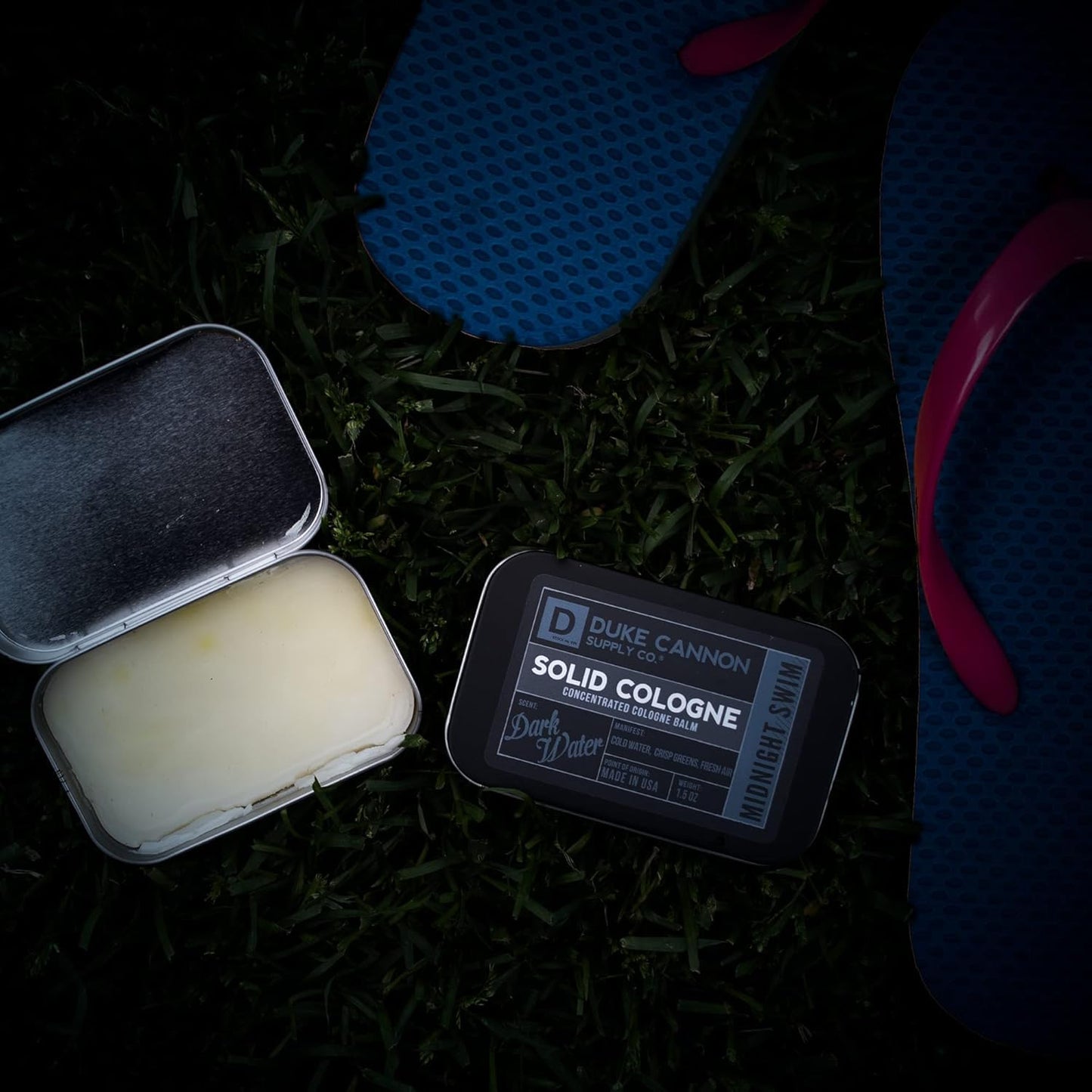 Duke Cannon Supply Co. Solid Cologne for Men Midnight Swim - Cold Water, Crisp Greens, Fresh Air - Concentrated Balm, Coconut Oil, Travel-Friendly