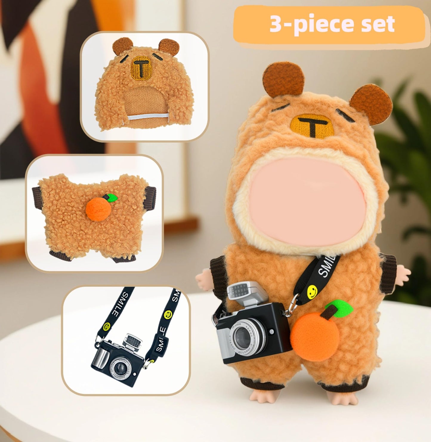 3-Piece Knit and Plush Doll Outfit Set for 17cm Collectibles - Plush Bear Hoodie Set (Hoodie+Outfit+Camera) - No Doll Included