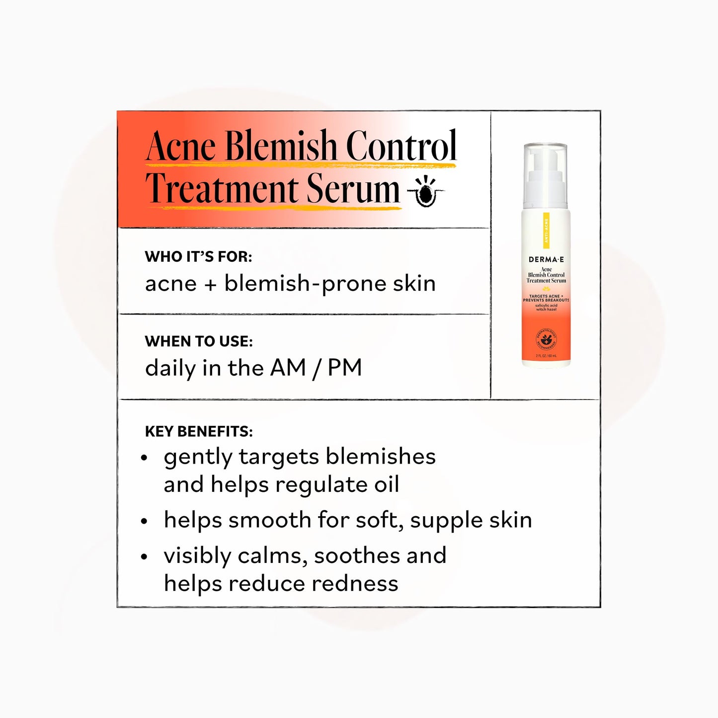 DERMA E Acne Spot Treatment, Acne Blemish Control Treatment Serum, 2 Fl Oz, Clinically Studied to Help Fight Blackheads, Breakouts and Cystic Acne