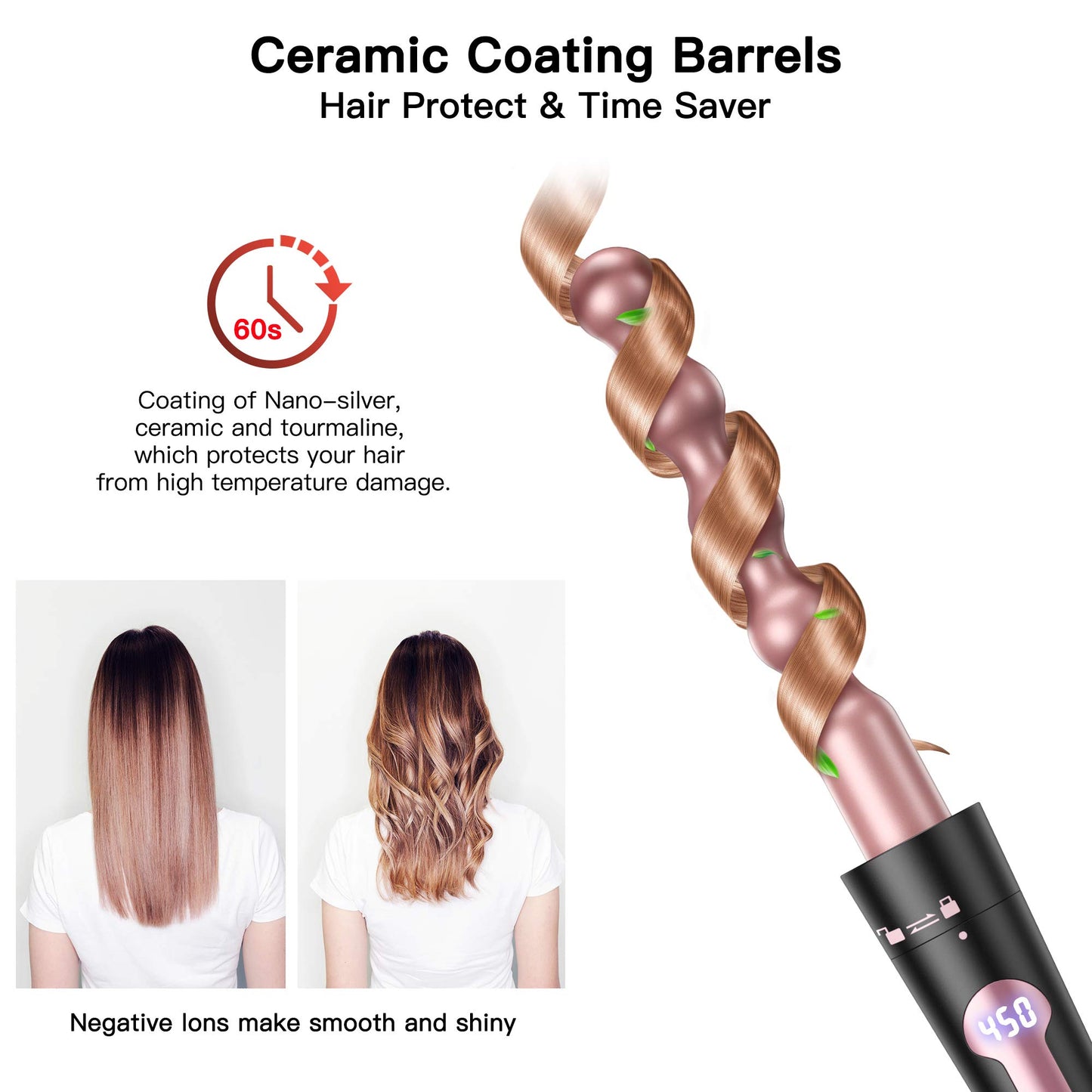 USHOW Curling Iron, Curling Wand Set, Instant Heat Up Hair Curler with Interchangeable Tourmaline Ceramic Barrels (0.5" to 1.25"), Adjustable
