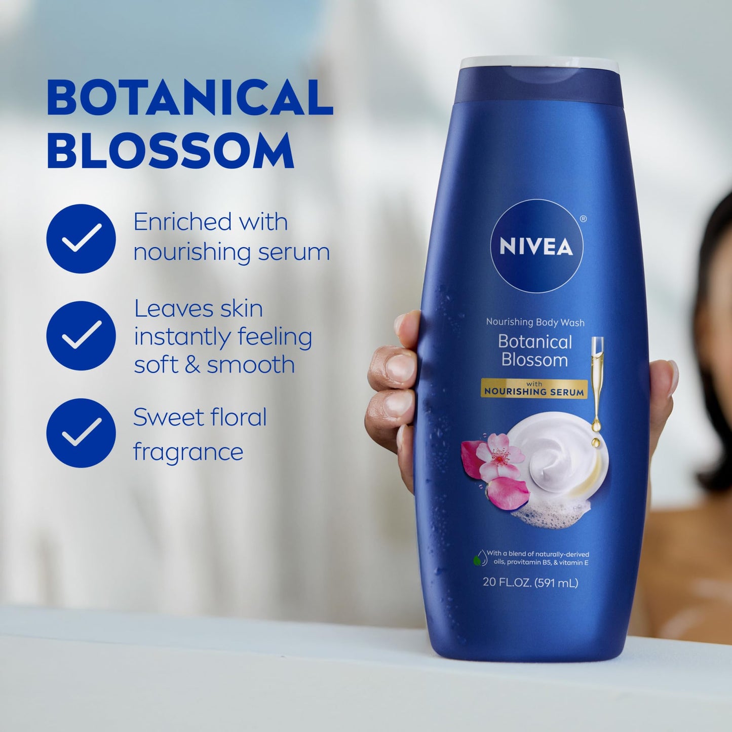 NIVEA Nourishing Botanical Blossom Body Wash with Nourishing Serum, Moisturizing Body Wash for Women, Enriched with Provitamin B5 and Vitamin E, 20 Fl