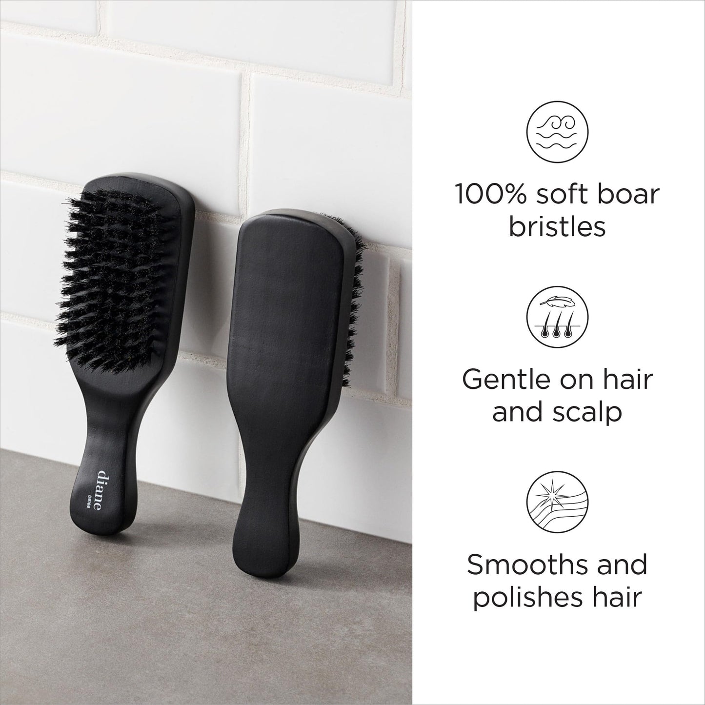 Diane 100% Boar Bristle Club Brush for Waves and Smoothing - Fine to Medium Hair Detangler for Men and Women, Shine Restorer, Soft on Scalp