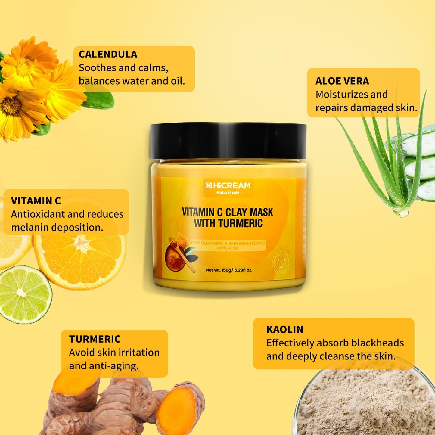 Hicream Turmeric Vitamin C Clay Mask with Kaolin Clay and Turmeric for Dark Spots, Dull Skin, Skincare Facial Mask for Controlling Oil and Refining