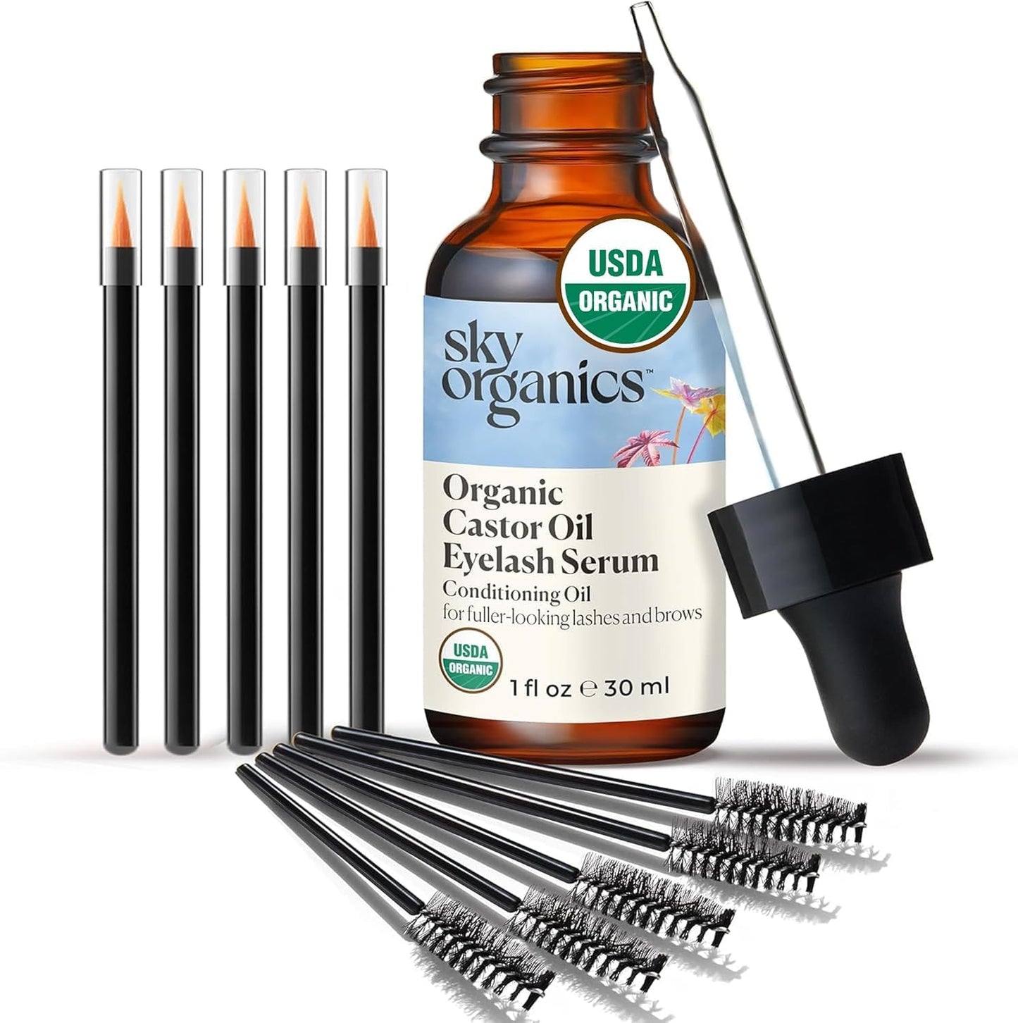 Sky Organics - USDA Organic Castor Oil Eyelash Serum (1 fl oz/30 mL) Brown Glass Bottle for UV Protection - Fuller-Looking Eyebrow & Lash Serum