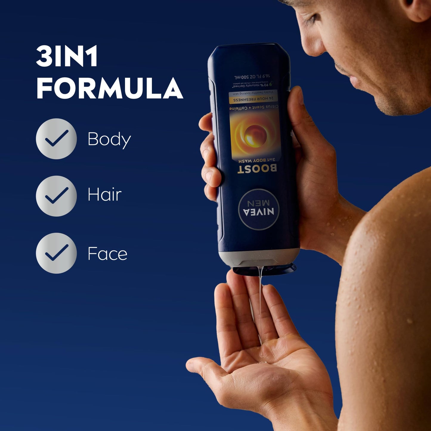 NIVEA MEN Boost Body Wash, Citrus Scent and Caffeine Enriched, 3-in-1 Men's Body Wash, Face and Hair, Paraben Free, Vegan Formula, 16.9 Fl Oz Bottle