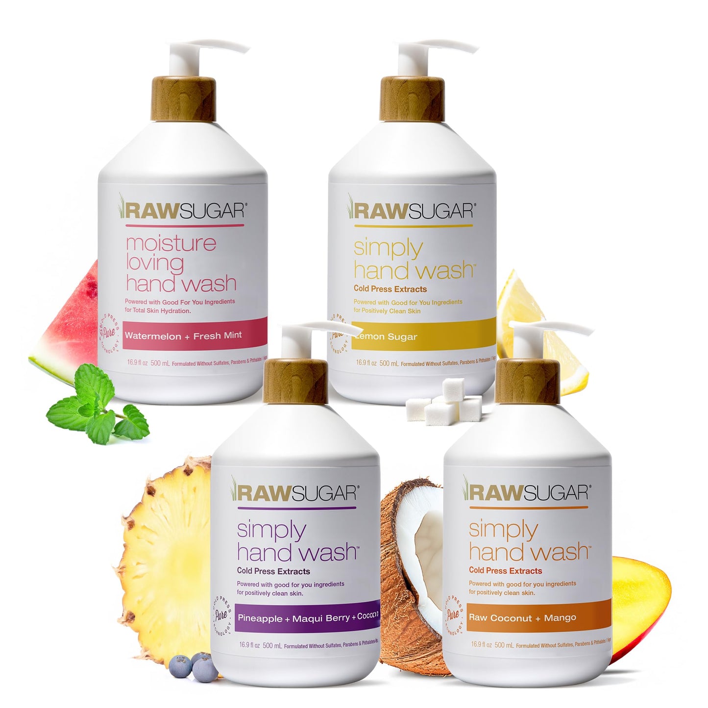 RAW SUGAR Hand Wash Variety Bundle - Lemon Sugar, Watermelon + Fresh Mint, Pineapple + Maqui Berry + Coconut & Raw Coconut + Mango, Formulated without
