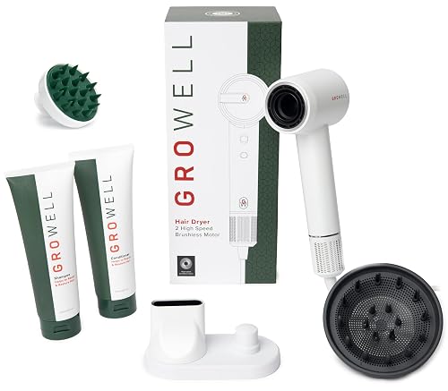 GroWell Hair Care Bundle: Hi-Speed Negative Ion Hair Dryer, Shampoo, Conditioner, Scalp Massager