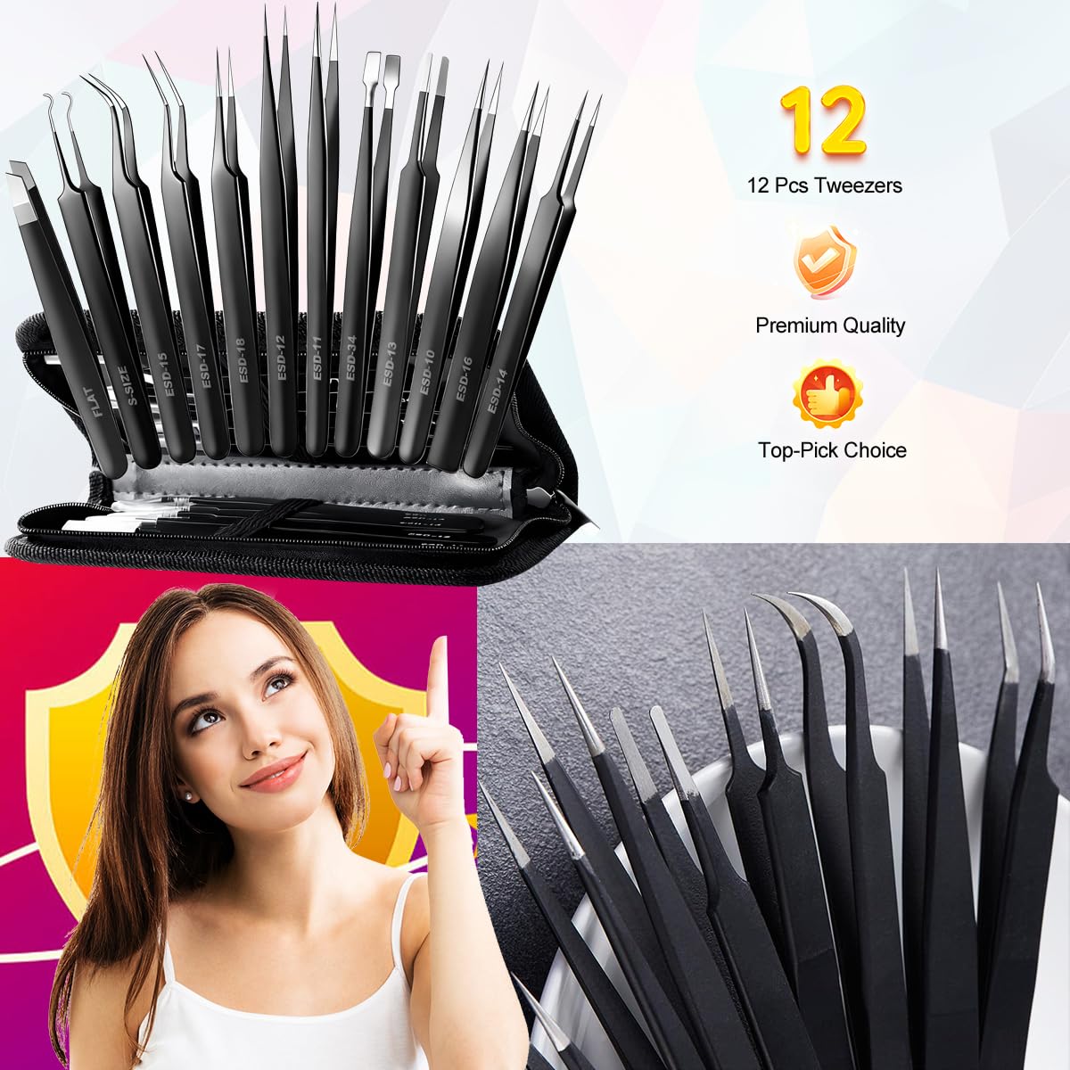 Antonki 12 Pack Precision Tweezers Set for Craft, Soldering, Jewelry, Facial Hair, Eyebrow, Ingrown Hair Removal, Eyelash Extension- with Case Beauty and Personal Care Antonki