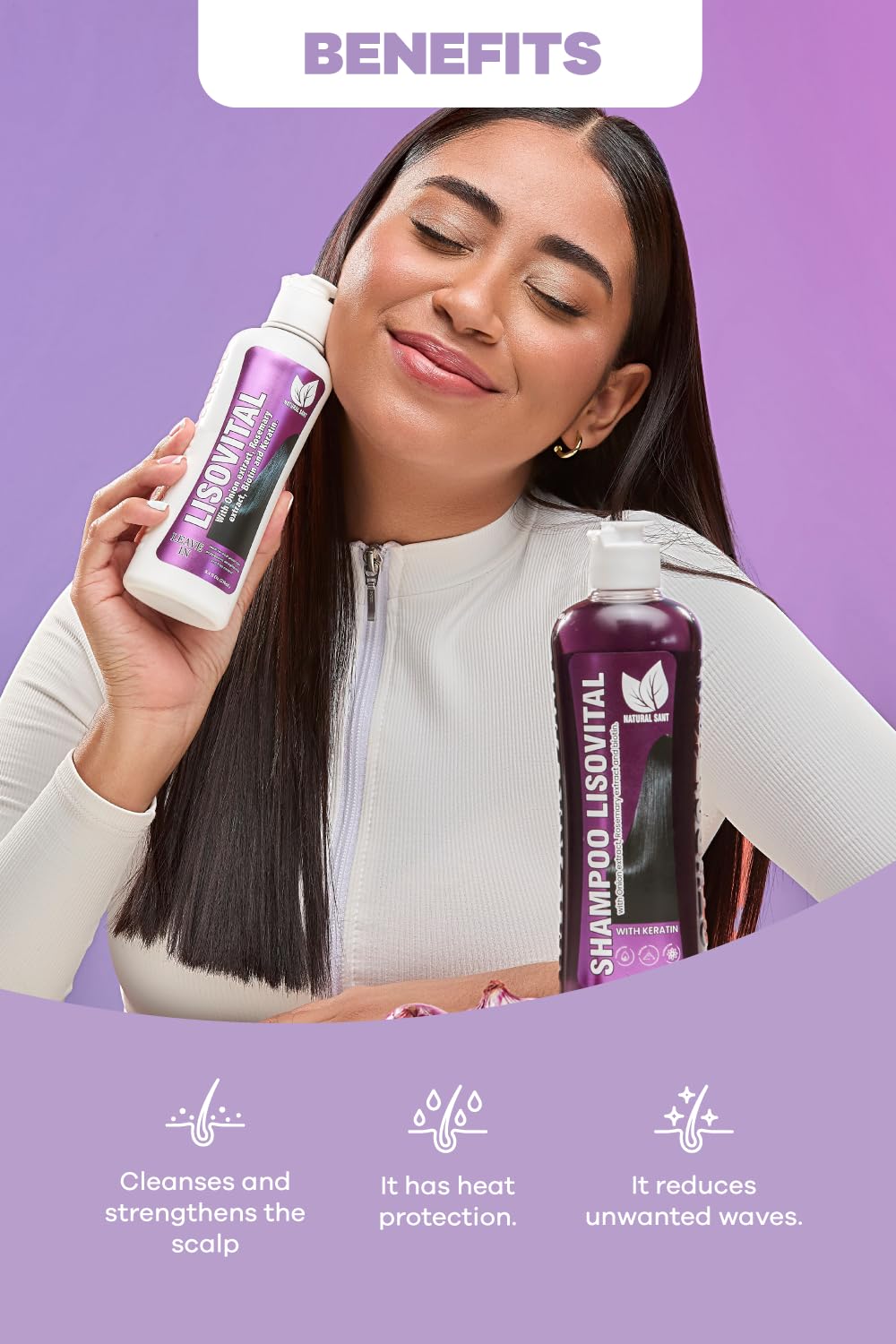 Natural Sant - Liso Vital duo kit - Shampoo & Leave-In Conditioner, Anti Frizz, Heat Protectant for Hair with Red onion extract, Biotin & Rosemary