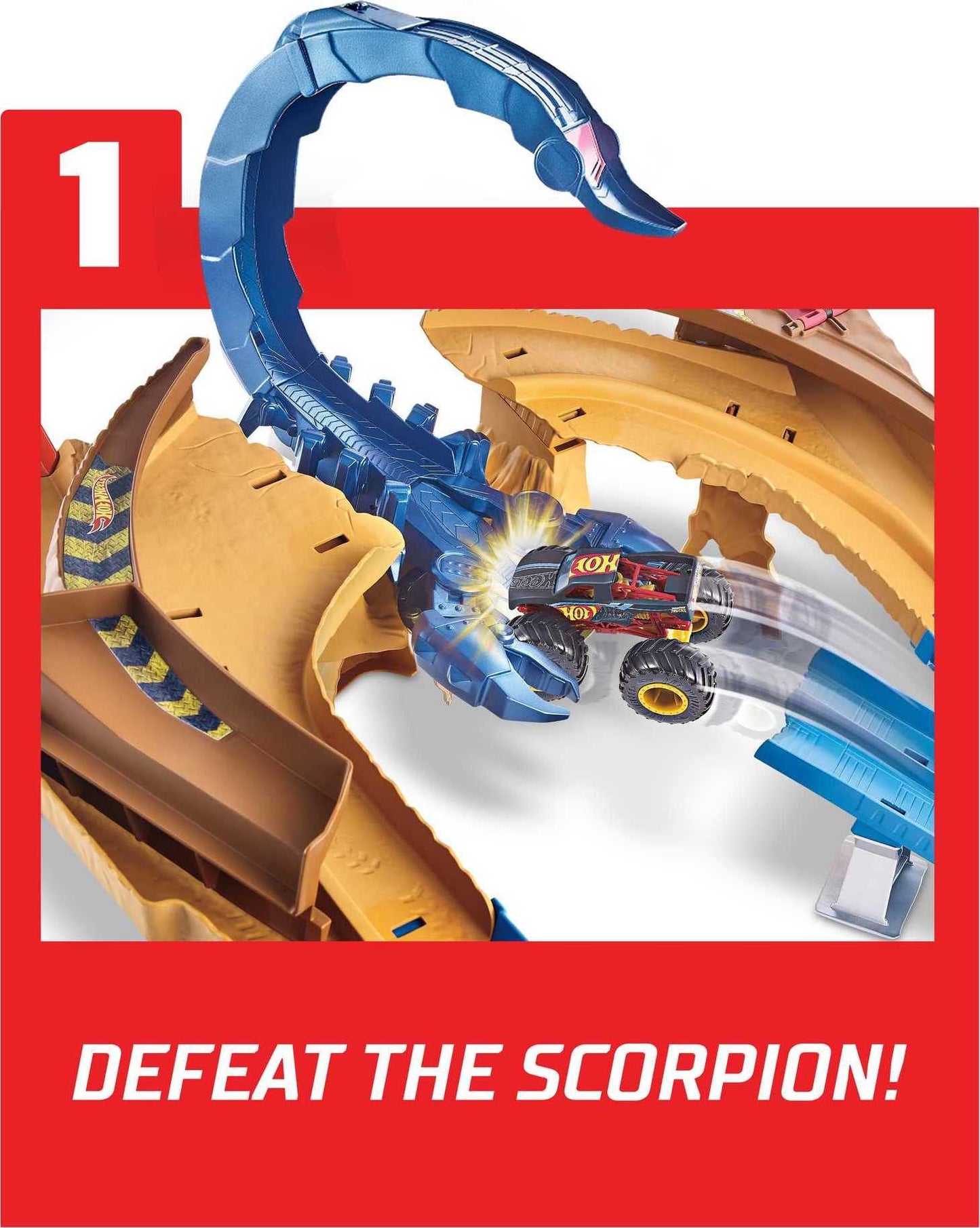 Hot Wheels Monster Trucks Scorpion Sting Raceway Track Set with 1 Toy Truck & 1 Car in 1:64 Scale, Boosted Race Track