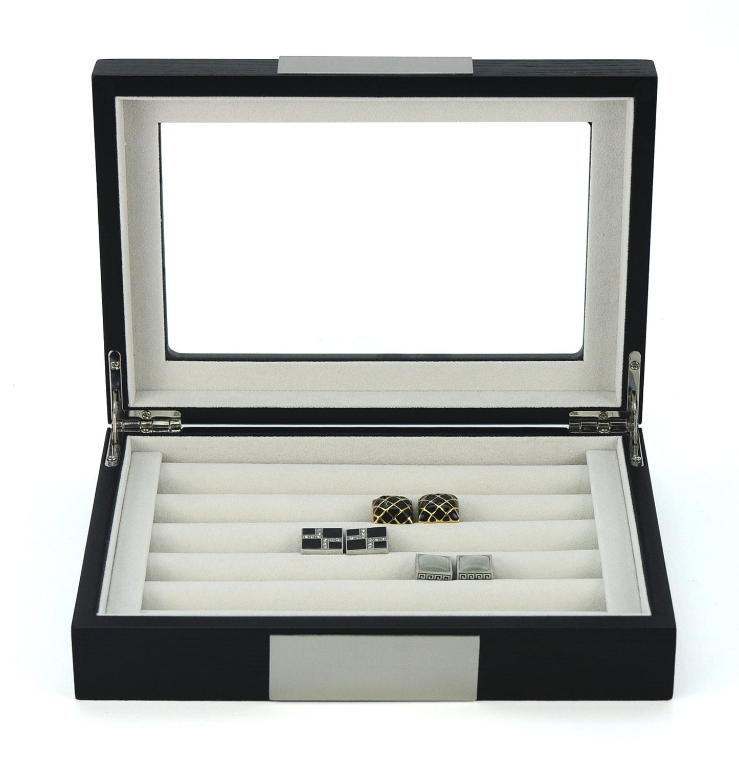TIMELYBUYS Black Ebony Wood Cufflink Case & Ring Storage Organizer with Stainless Steel Engravable Design Accent Men's Jewelry Box for 20 Cufflinks