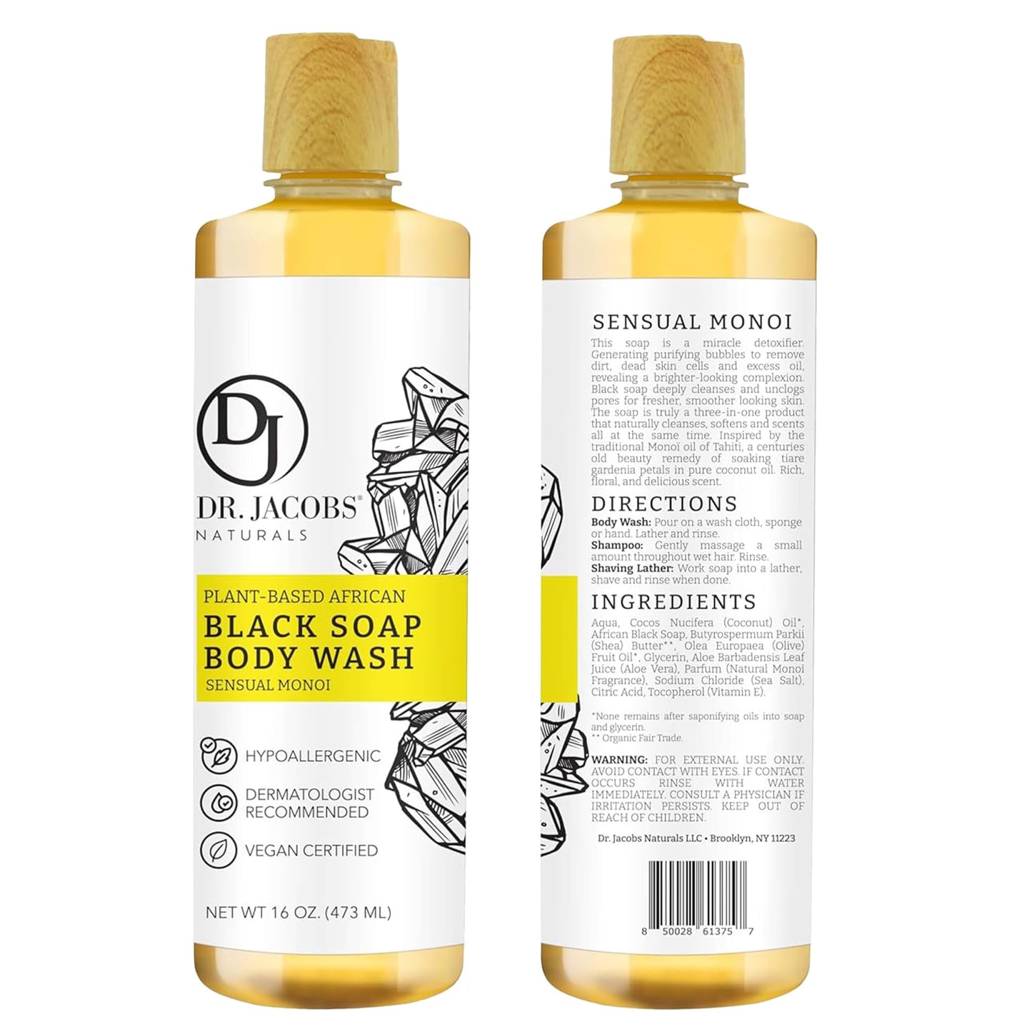 Dr Jacobs Naturals Authentic African Black Liquid Soap with Sensual Monoi Scent | All-In-One Face Wash, Sensitive Skin Body Wash, Shampoo, Shaving