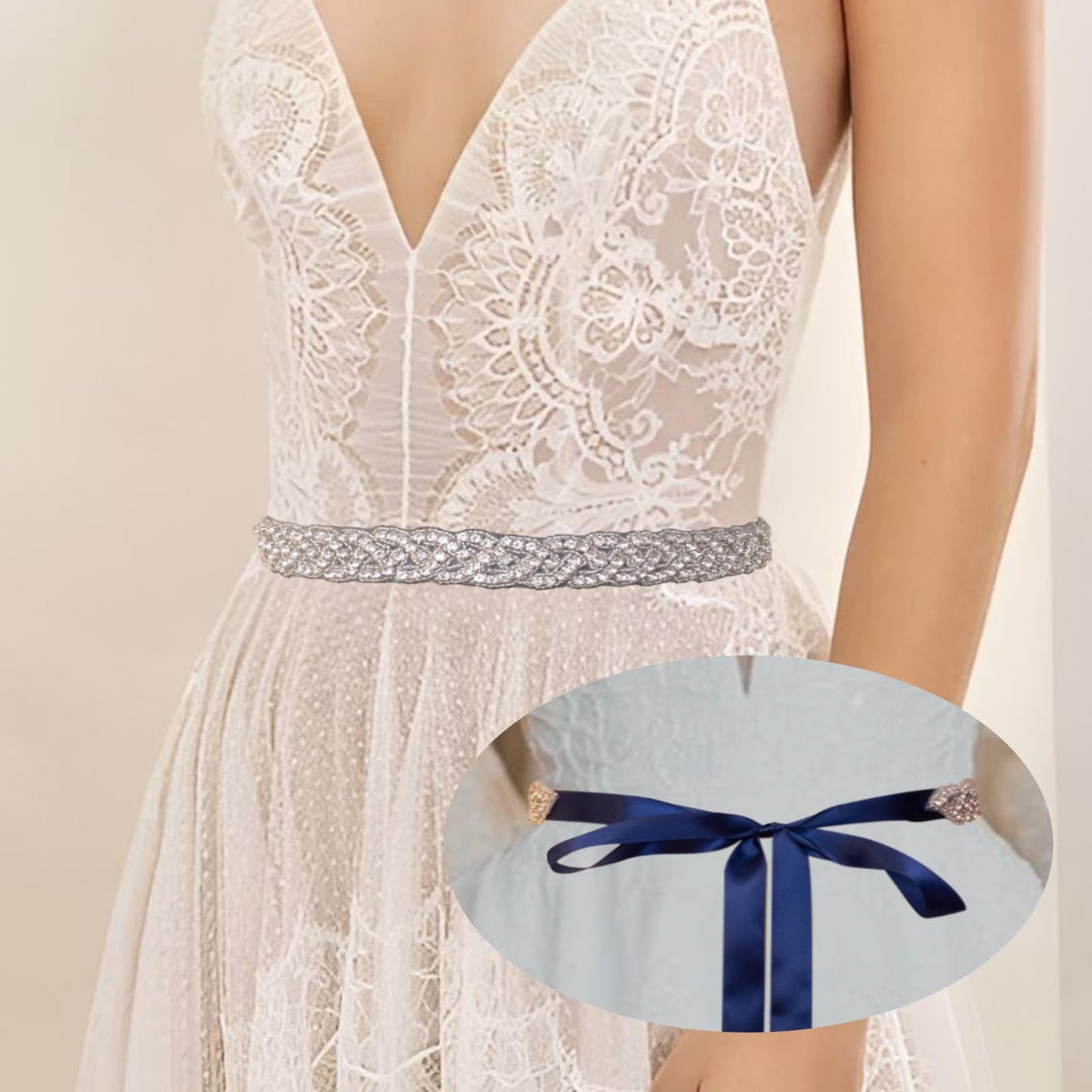 Jovbridsea Crystal Wedding Sash Belt with Rhinestone Bridal Belt Handmade Bridesmaid Belts for Dress (Sliver,Navy)