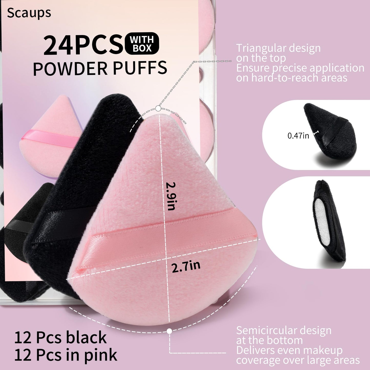 Scaups 24Pcs Black and Pink Powder Puff, Triangle Powder Puffs, Powder Puffs for Makeup and Cosmetic Foundation Beauty and Personal Care Scaups