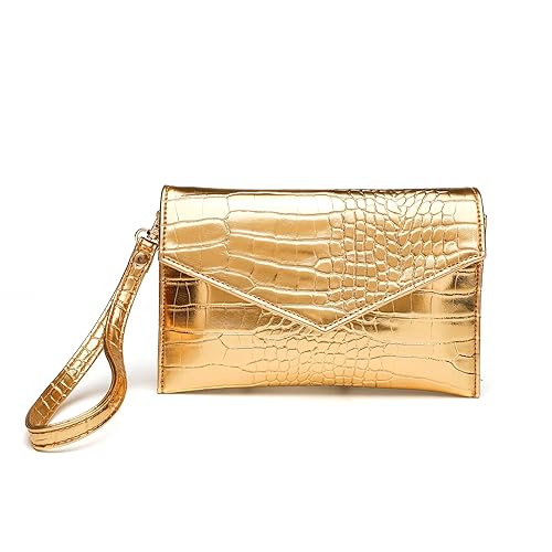 CuteClear Small Envelope Clutch Purse for Women Faux Leather Handbag Wallet Evening Bag with Detachable Wristlet Strap (gold)
