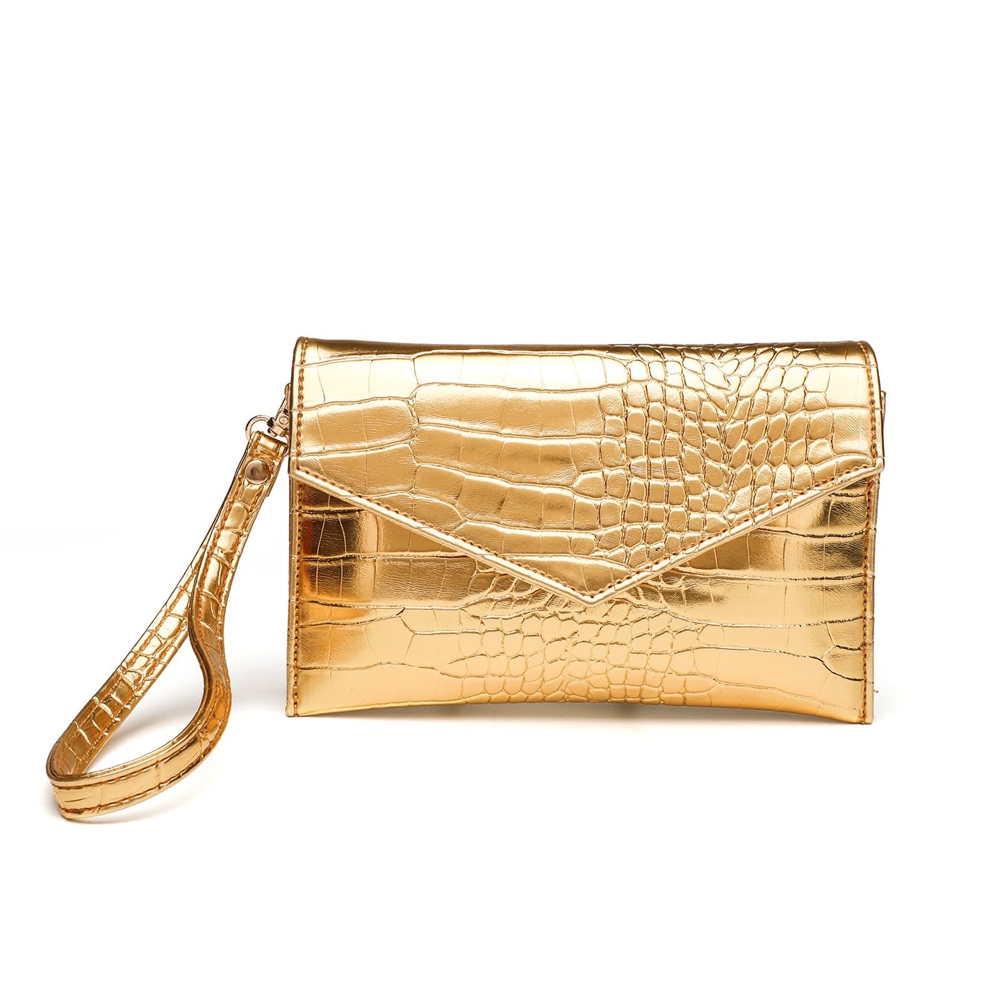CuteClear Small Envelope Clutch Purse for Women Faux Leather Handbag Wallet Evening Bag with Detachable Wristlet Strap (gold)
