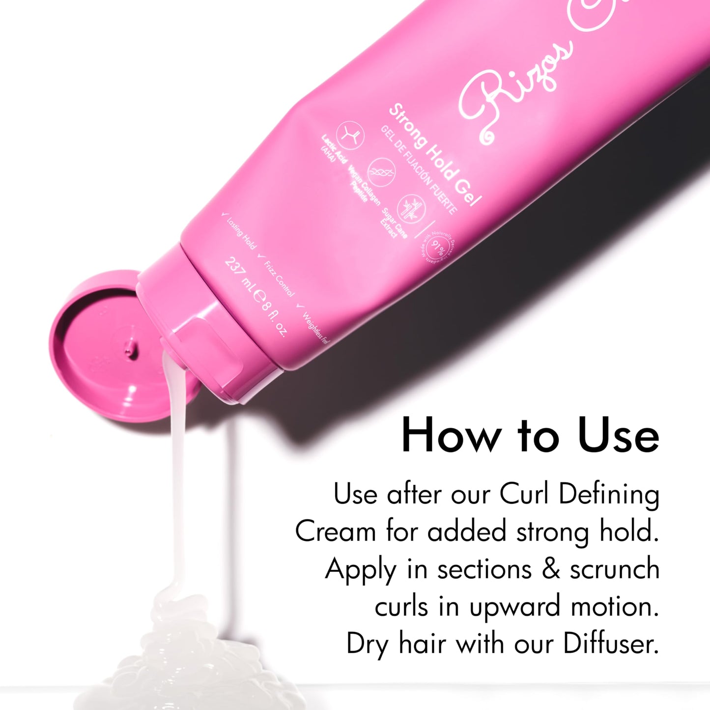 Rizos Curls Strong Hold Gel - Long-Lasting, Flake-Free Gel for Curly, Coily, and Wavy Hair, Frizz Control, Curl Definition & Shine, Vegan Collagen