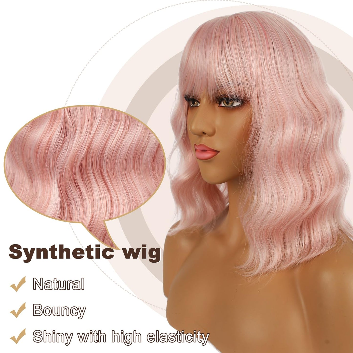 LANCAINI Short Bob Wigs with Bangs for Women Loose Wavy Wig Curly Wavy Shoulder Length Bob Synthetic Cosplay Wig for Girl Colorful Costume Wigs (Peach Beauty and Personal Care LANCAINI