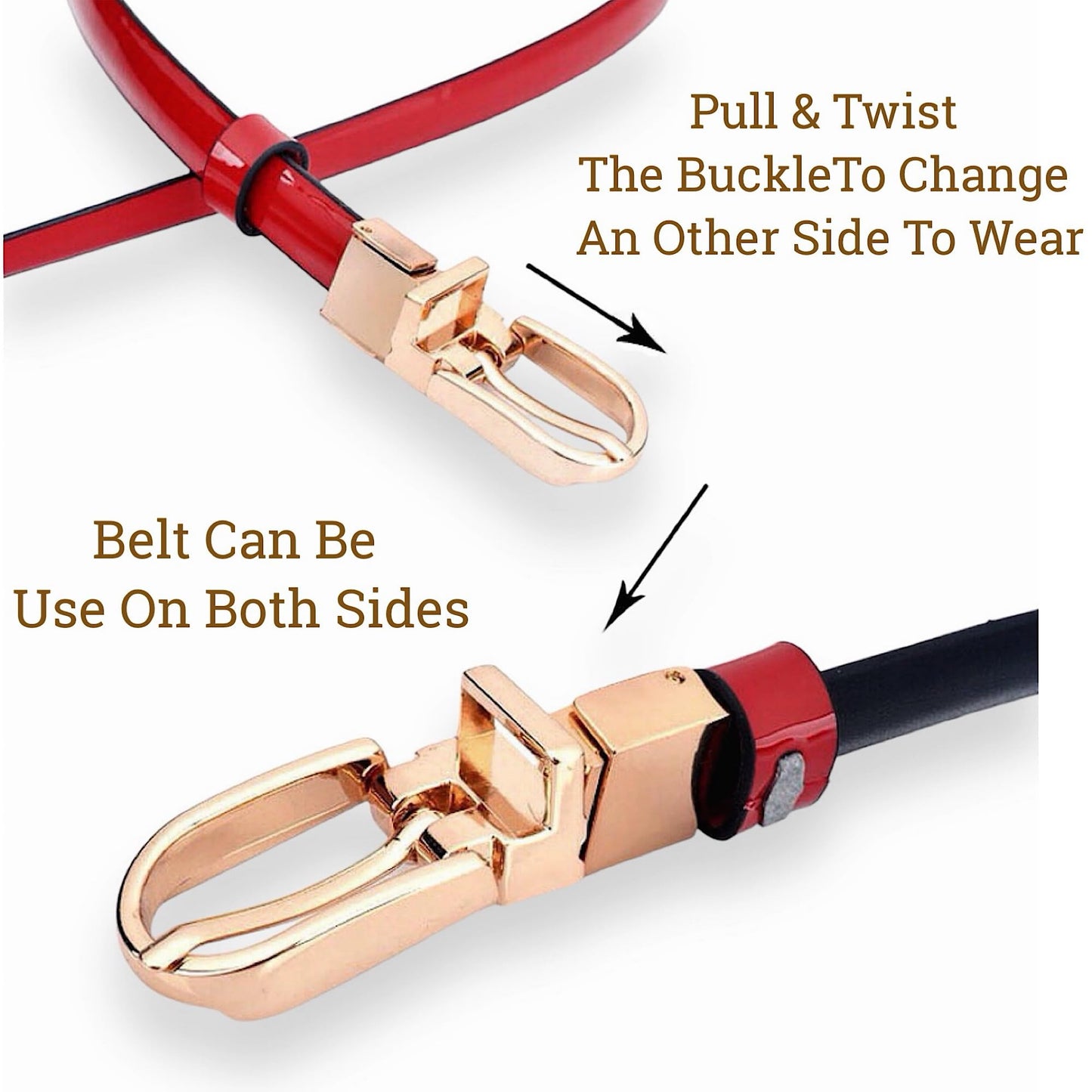 CB Women's Elegant Skinny Patent Leather Belts Waistband Slim Waist Belt With Twist To Convert Gold Color Alloy Buckle, Black