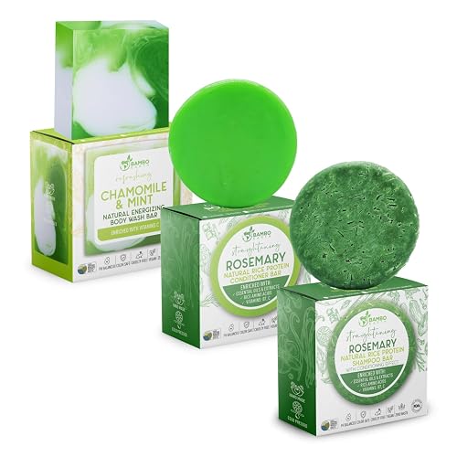 Solid Rice Protein Shampoo, Conditioner and Body Wash Bundle | Shampoo, Conditioner & Wash Bars For Hair and Body w/All Natural Essential Oils & Zero