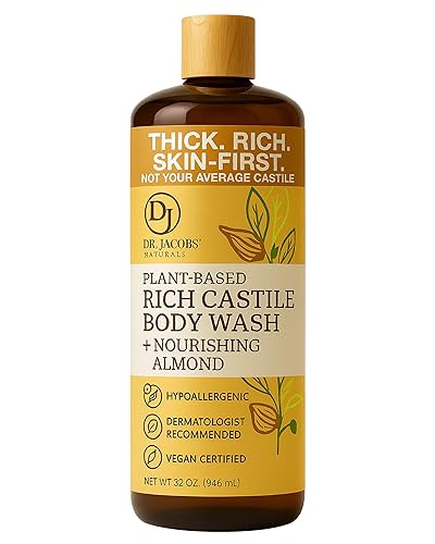 Dr. Jacobs Naturals Pure Castile Soap Liquid Body Wash, Almond - Plant Based Castile Soap Infused with Vitamin E and Aloe Vera to Moisturize Dry