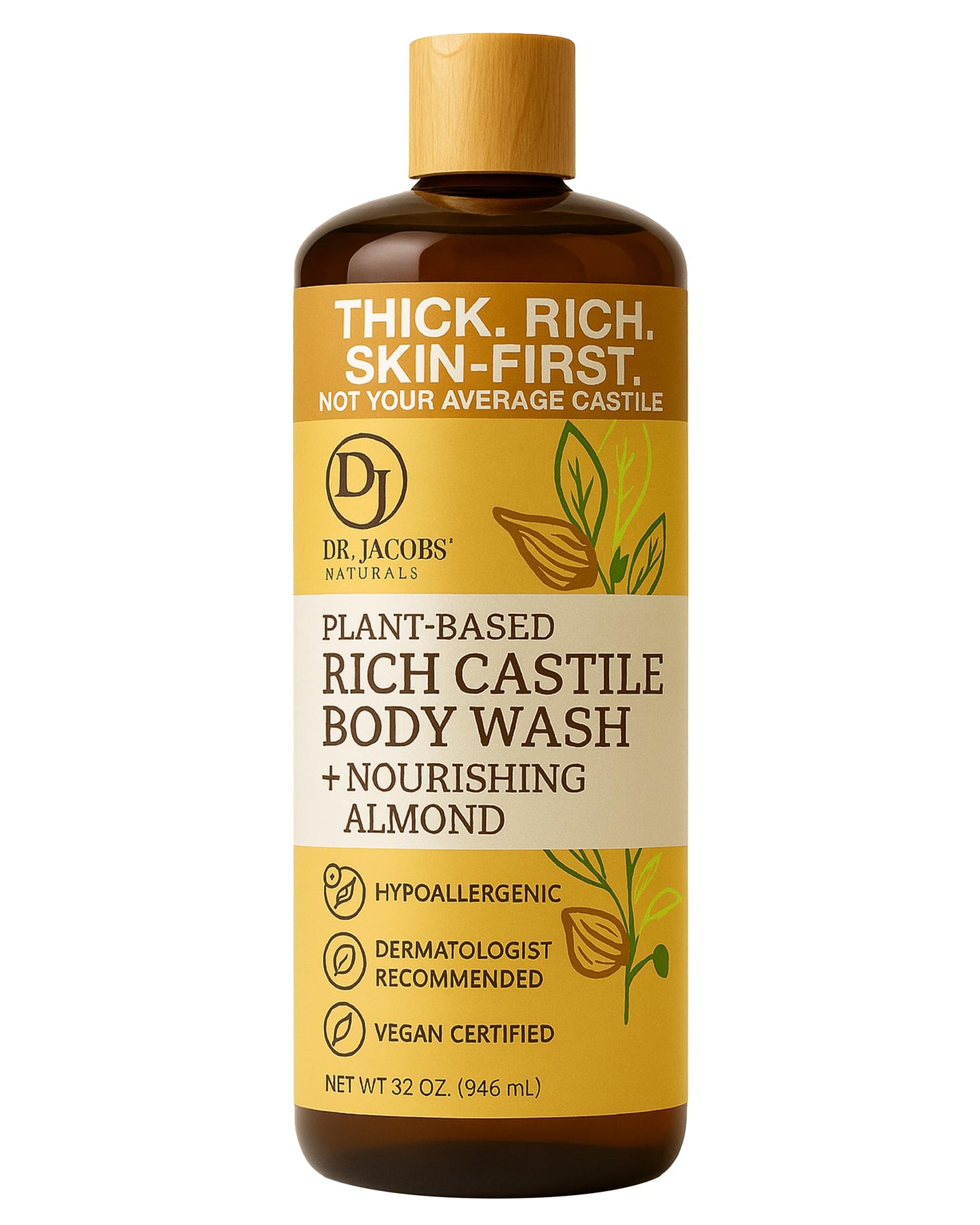 Dr. Jacobs Naturals Pure Castile Soap Liquid Body Wash, Almond - Plant Based Castile Soap Infused with Vitamin E and Aloe Vera to Moisturize Dry