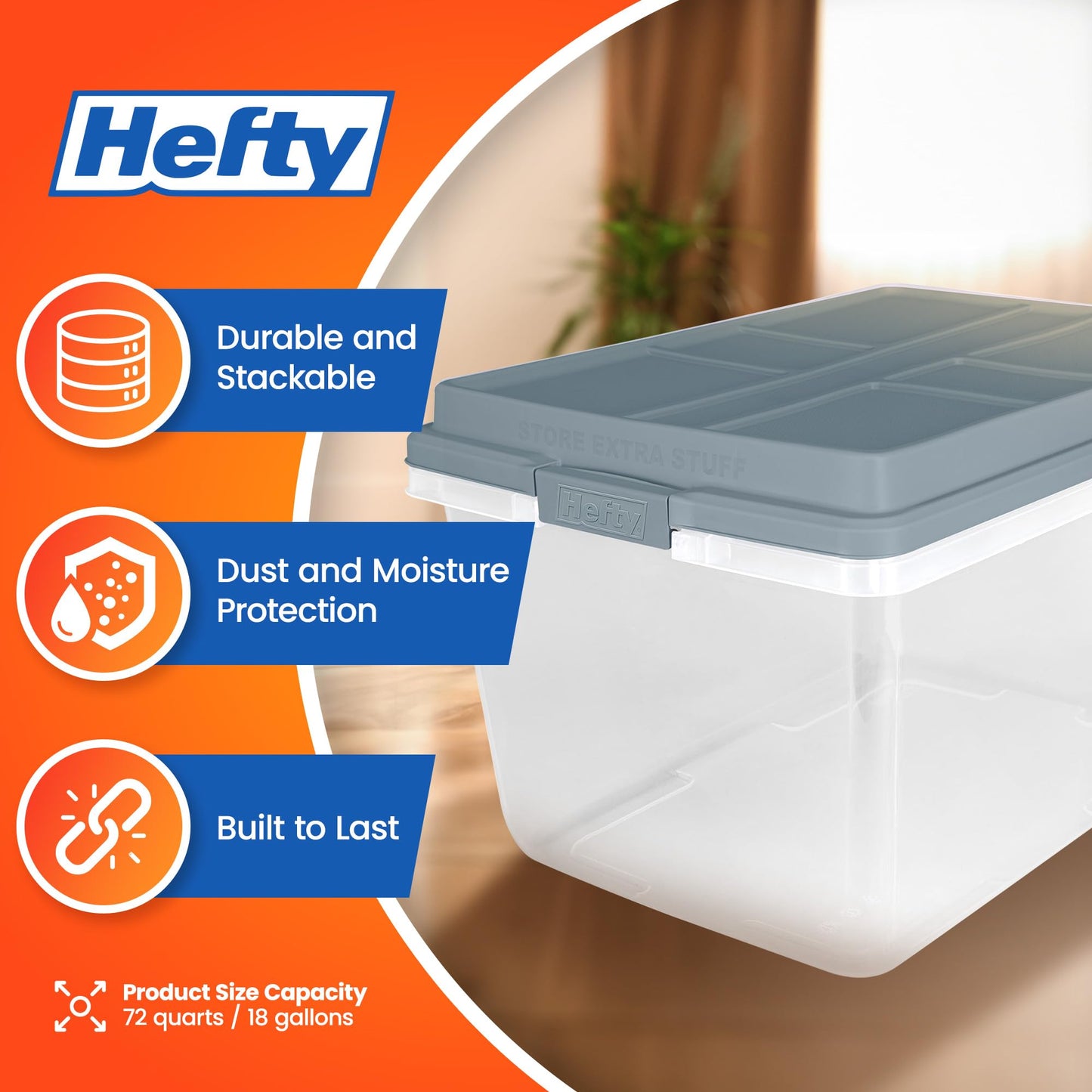 Hefty 72 Quart Hi-Rise Storage Bin with Lid, Stackable Plastic Container Tote for Home, Office, and Classroom Organization, 6 Pack, Smoke Blue