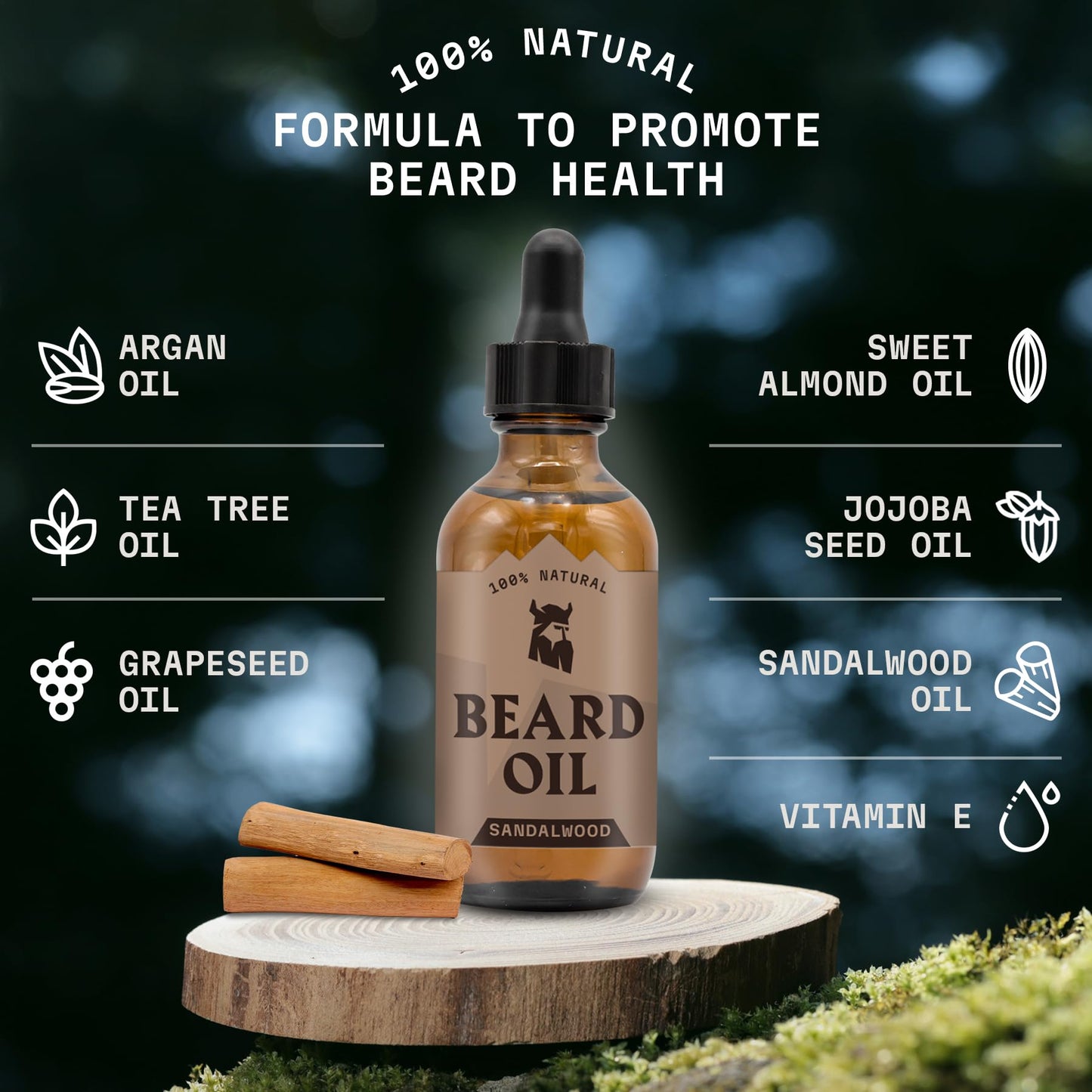 Striking Viking Sandalwood Beard Oil for Men - 2 Fl Oz, Sandalwood Scent - Natural Hydrating & Softening Beard Care with Argan, Jojoba, Almond & Tea