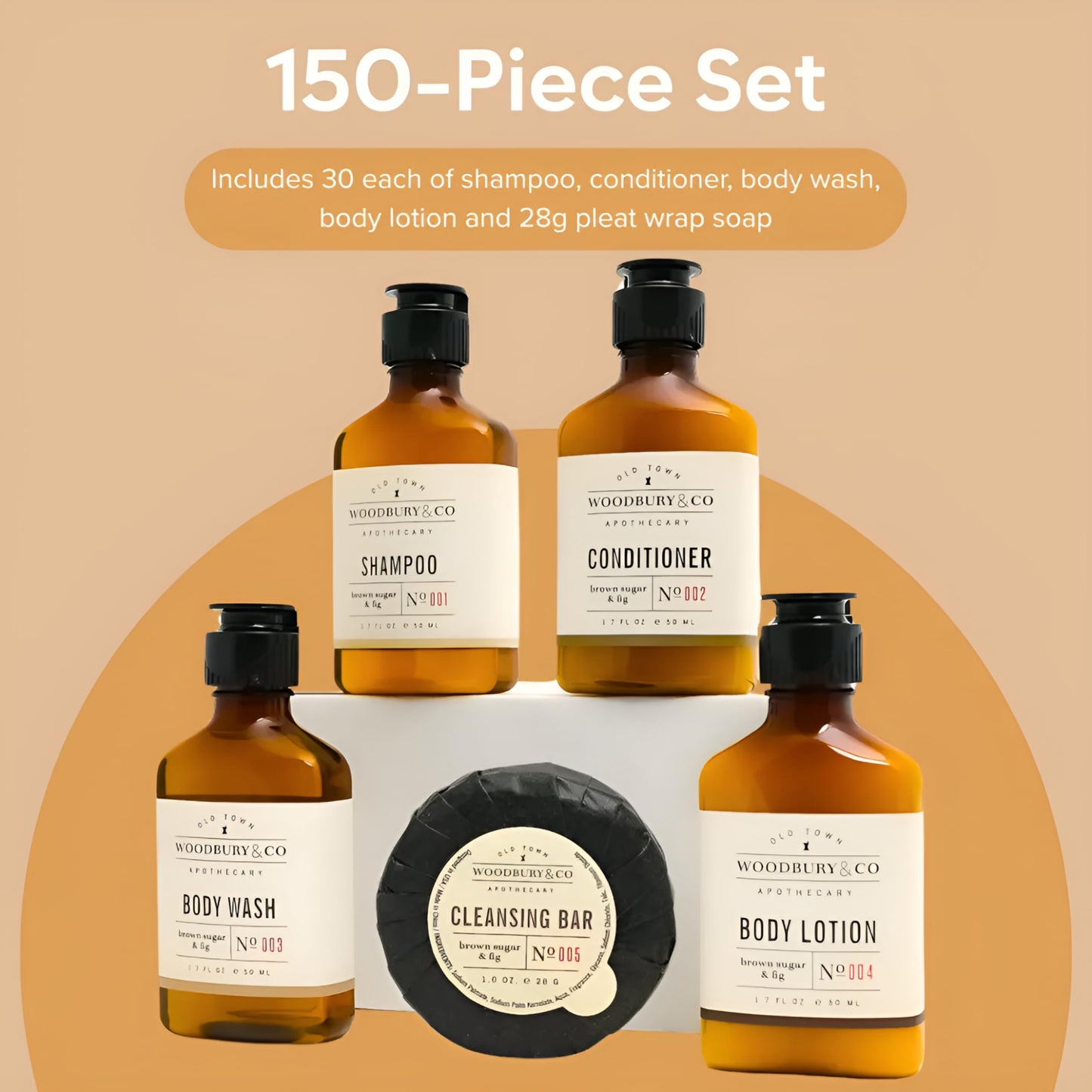 WOODBURY & CO Travel Size Shampoo Conditioner Body Wash Lotion & Soap (150 PK, 1.7 oz each), Guest Bathroom Essentials Toiletries Airbnb Bulk Mini