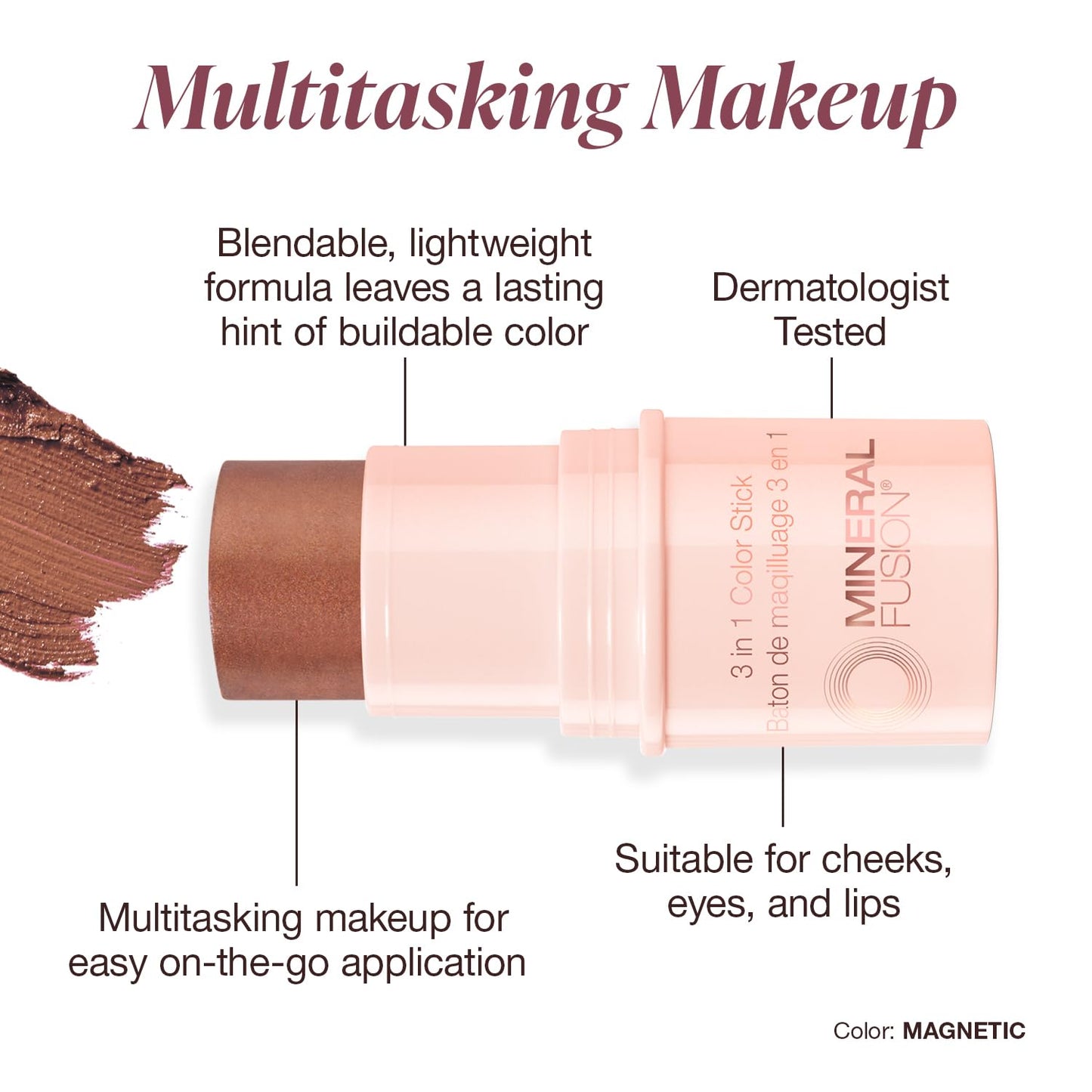 Mineral Fusion 3-in-1 Color Stick - Nourishing Cream Tint for Cheek, Lip and Eye - Blendable, Lightweight Coverage - Travel Friendly, Hypoallergenic