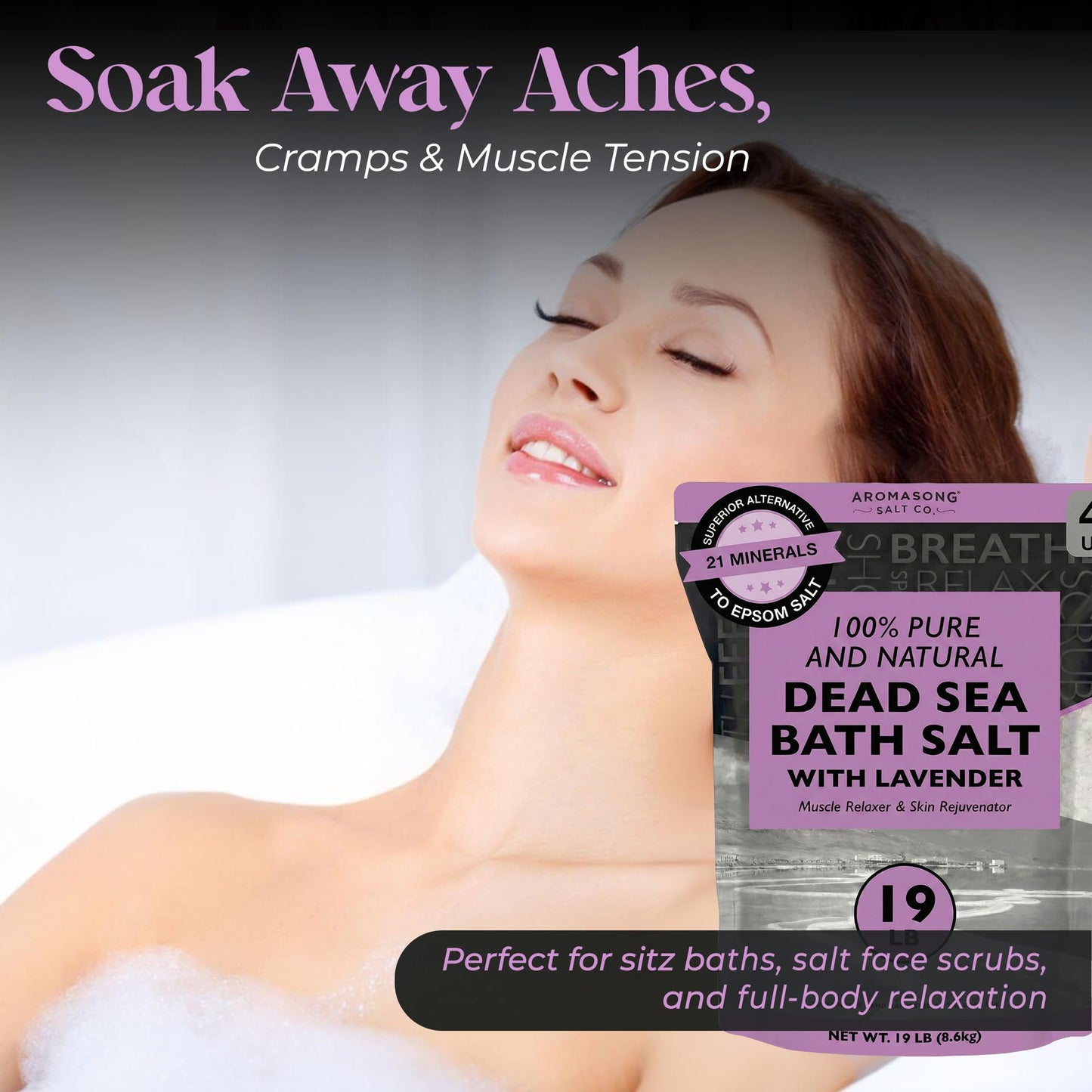 Aromasong Pure Dead Sea Salt for Soaking with 100% Natural Lavender, 19 LB - Spa Bath Salt Fine Grain - Body Wash Scrub - Soak for Women & Men- Bulk