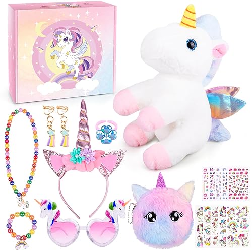 Unicorn Plush Toys Kit Girls Gift for Girls Stuffed Animal Toy/Purse/Ring/Glasses/Necklace/Bracelet/Decal/Earrings/Tiara Fun and Engaging Christmas…