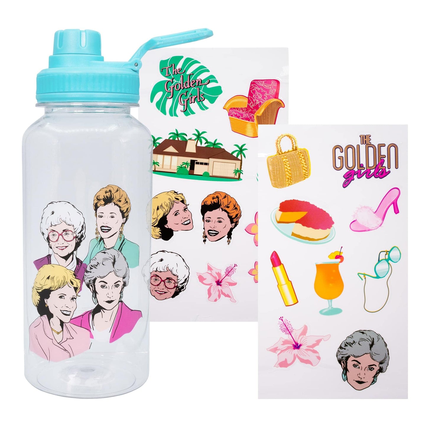 Silver Buffalo Golden Girls Group Twist Spout Plastic Water Bottle with Stickers You Stick Yourself, 32 Ounces