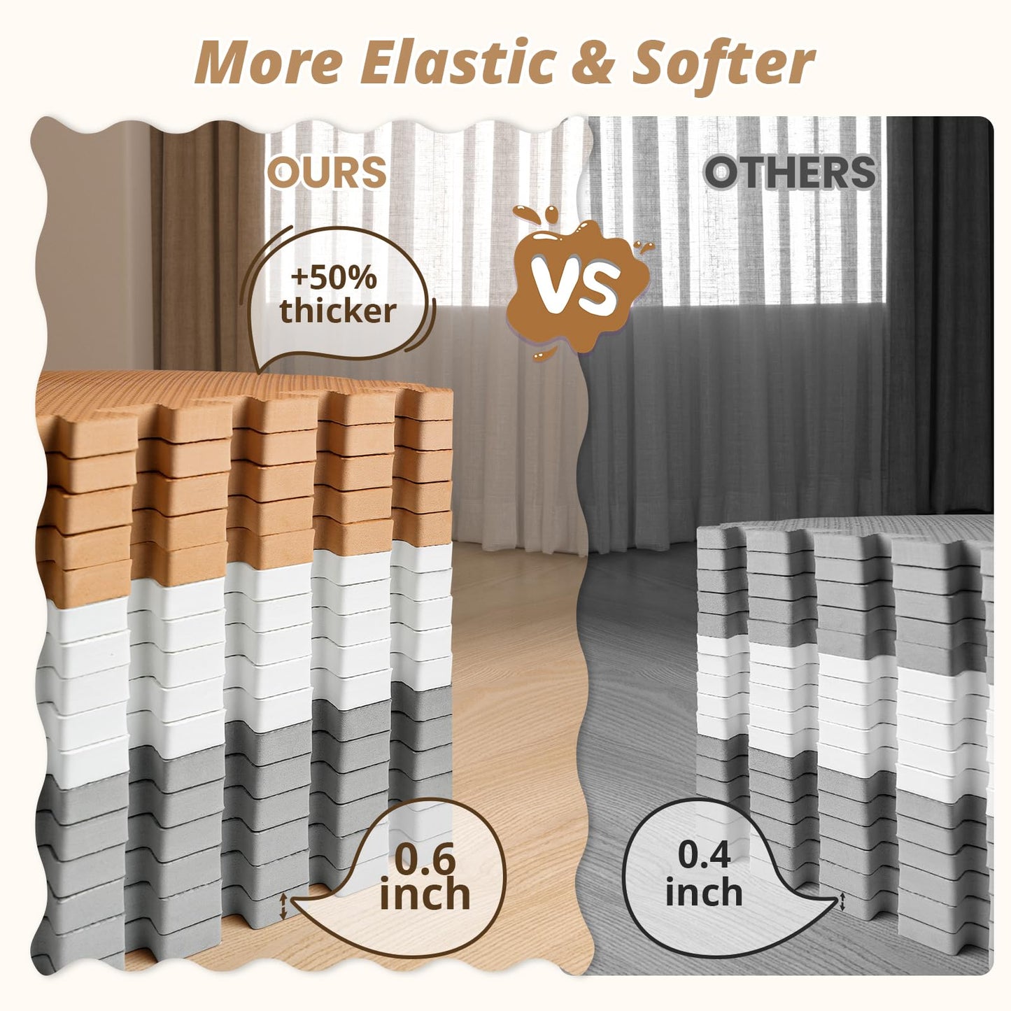 16 Tiles Baby Play Mat – 0.6" Thick EVA Foam Interlocking Floor Tiles, Soft Play Mat for Babies, Toddlers & Kids (White-Brown-Grey)