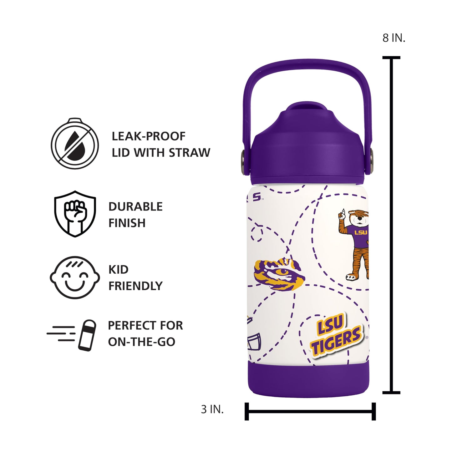 Logo Brands NCAA LSU Tigers Mascot Stainless-Steel Kids Bottle -Soft Silicone Mouthpiece, Easy To Carry, Kid-Friendly Design- Great For School